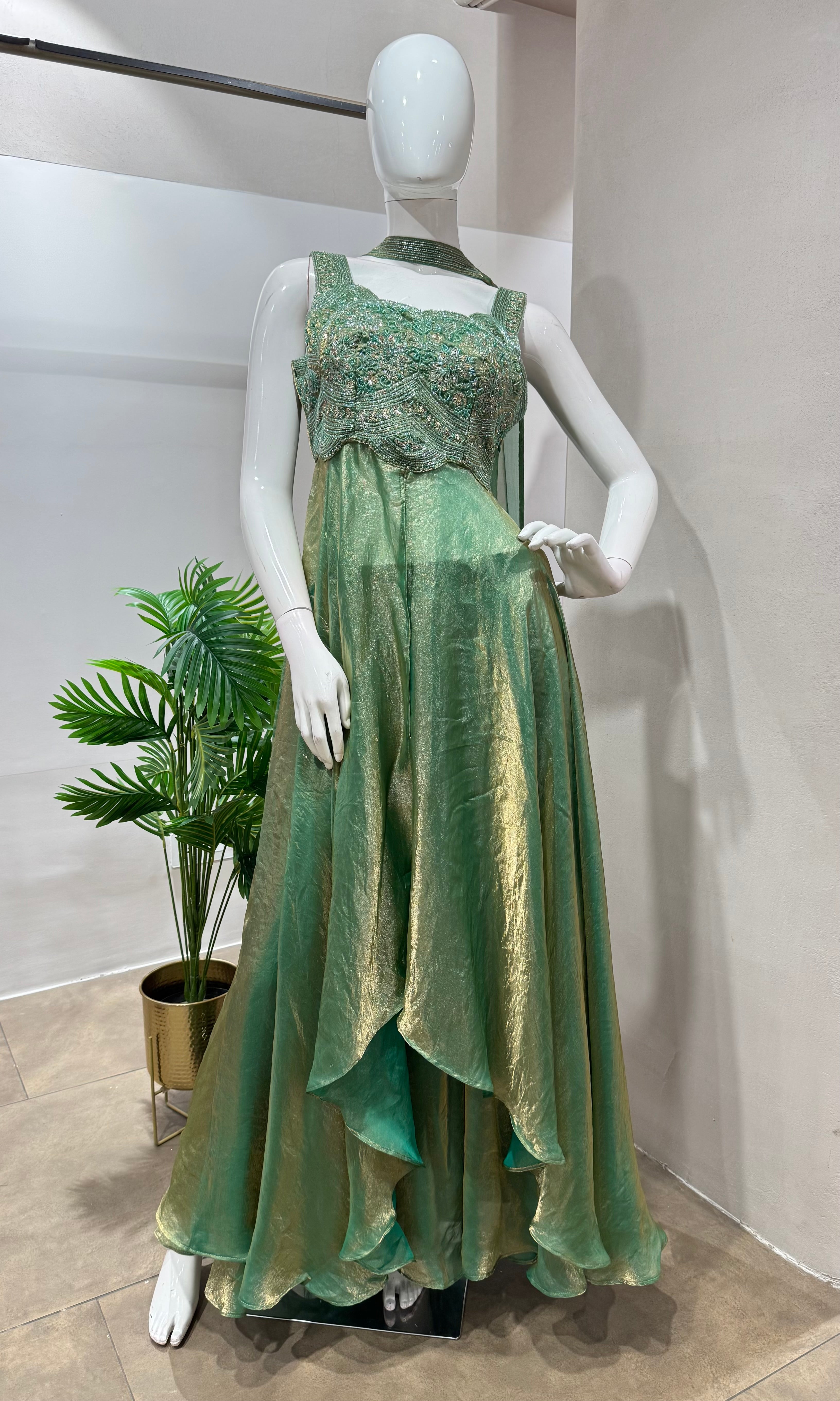 Green embroidered anarkali set