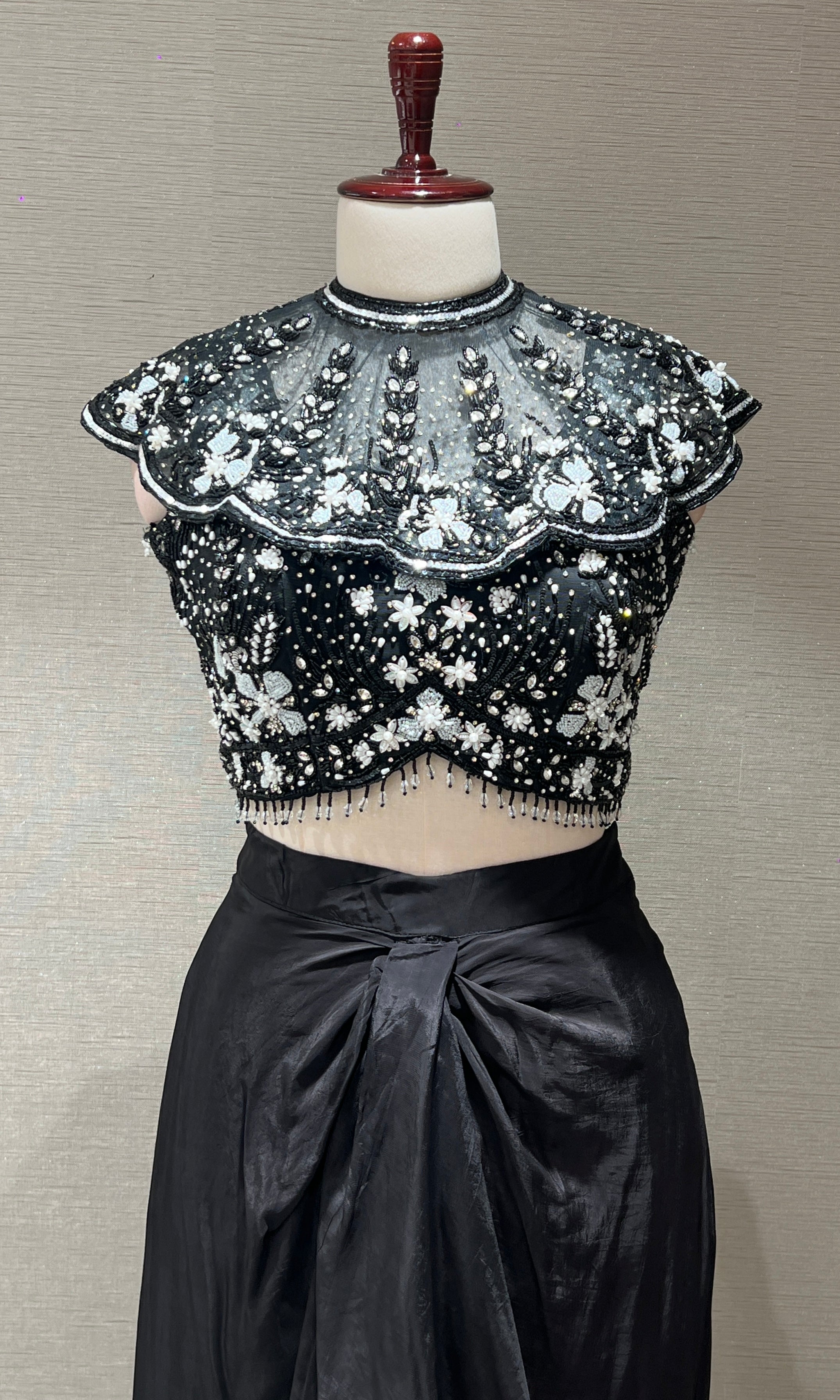 Black Crystal Sequin BLOUSE with Ruffle Drape Skirt