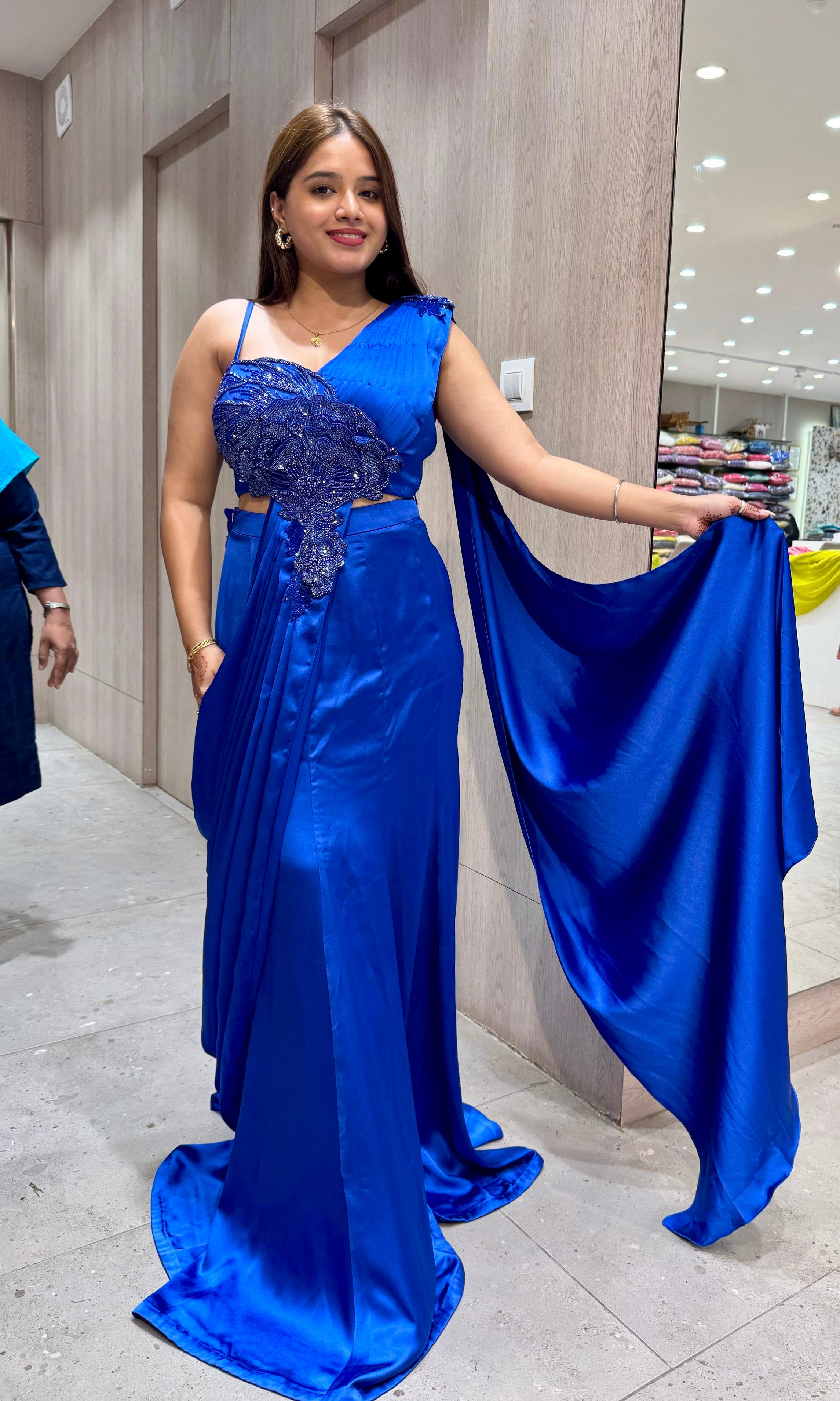 Blue Draped Saree with Corset Blouse