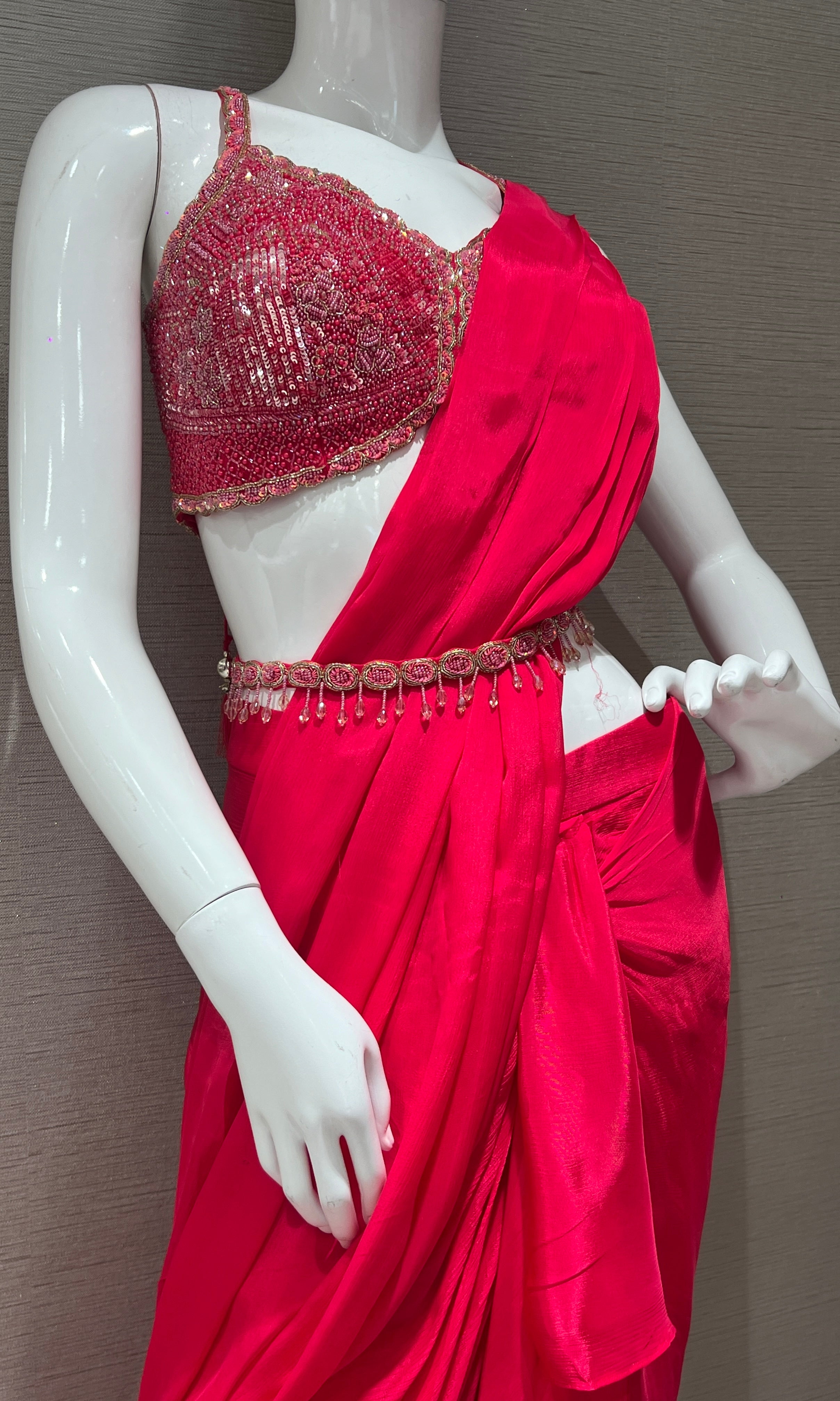Rani Pink Ruffle drape saree with embroidered blouse