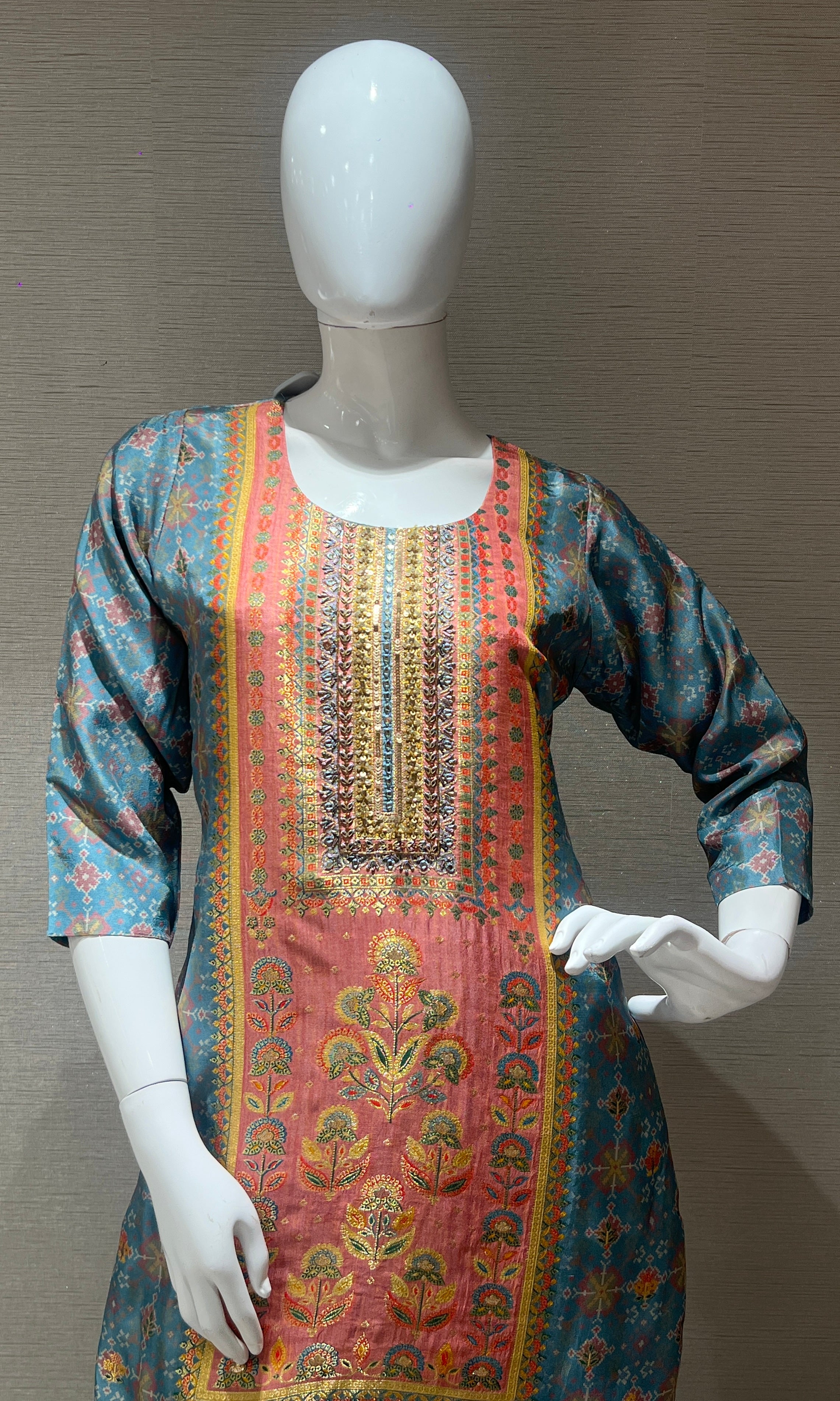 Blue and Orange Printed Kurta Set with Dupatta