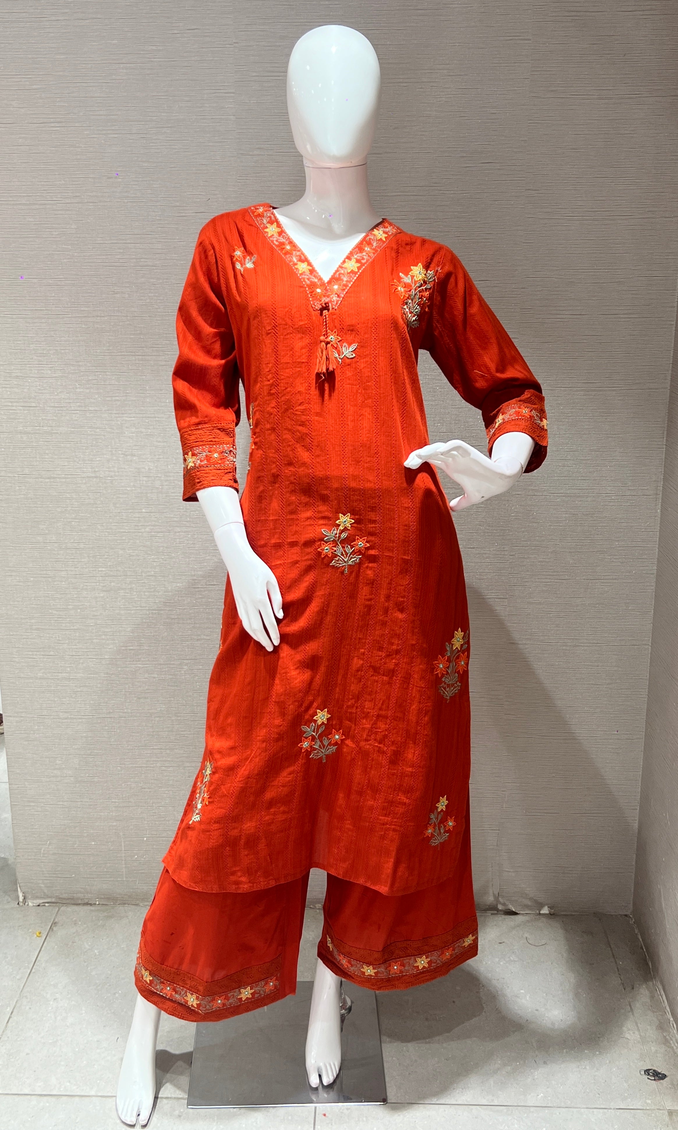 Rust Orange Floral Embroidered Kurta Set