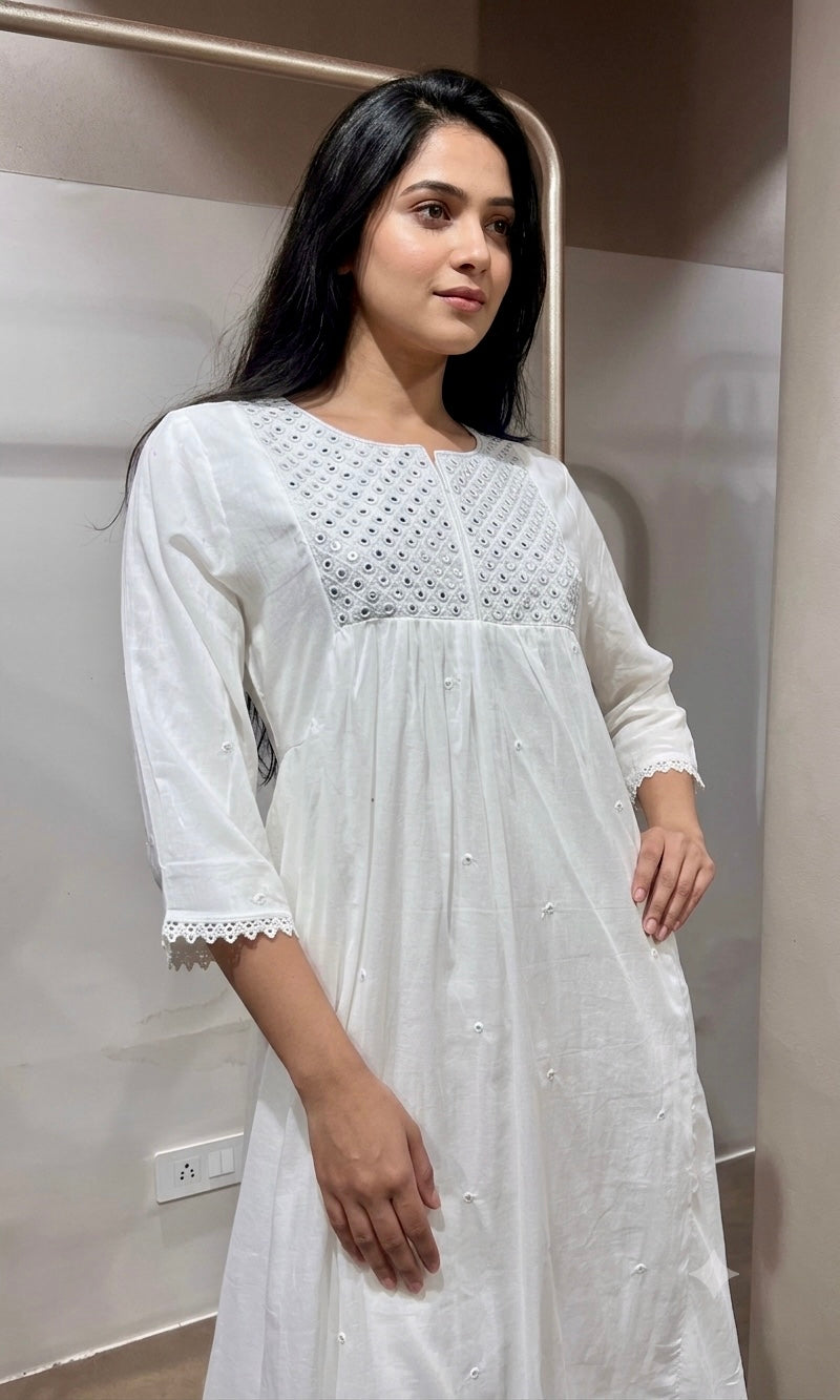 White Flared Embroidered frock