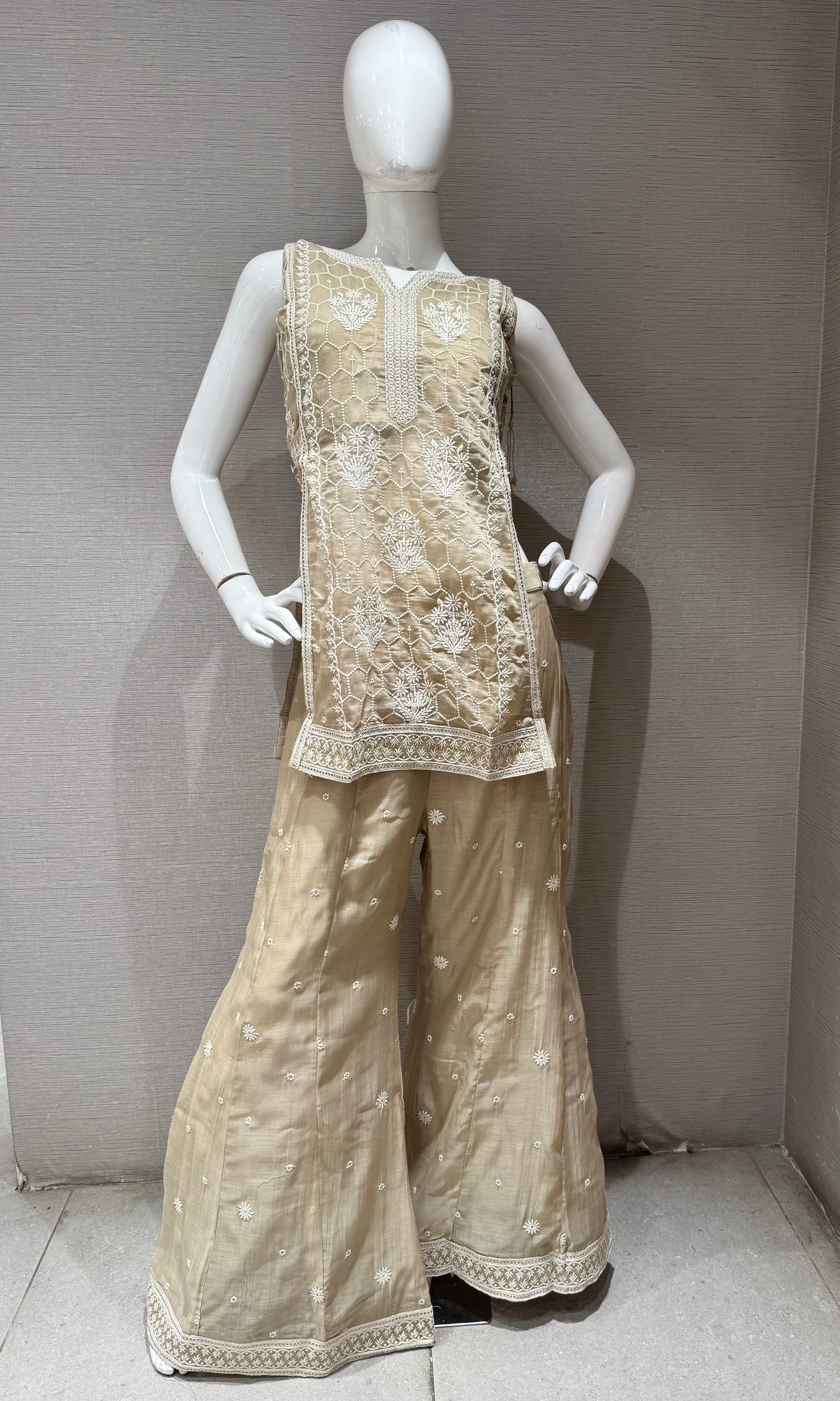 Beige Floral Embroidered palazzo set