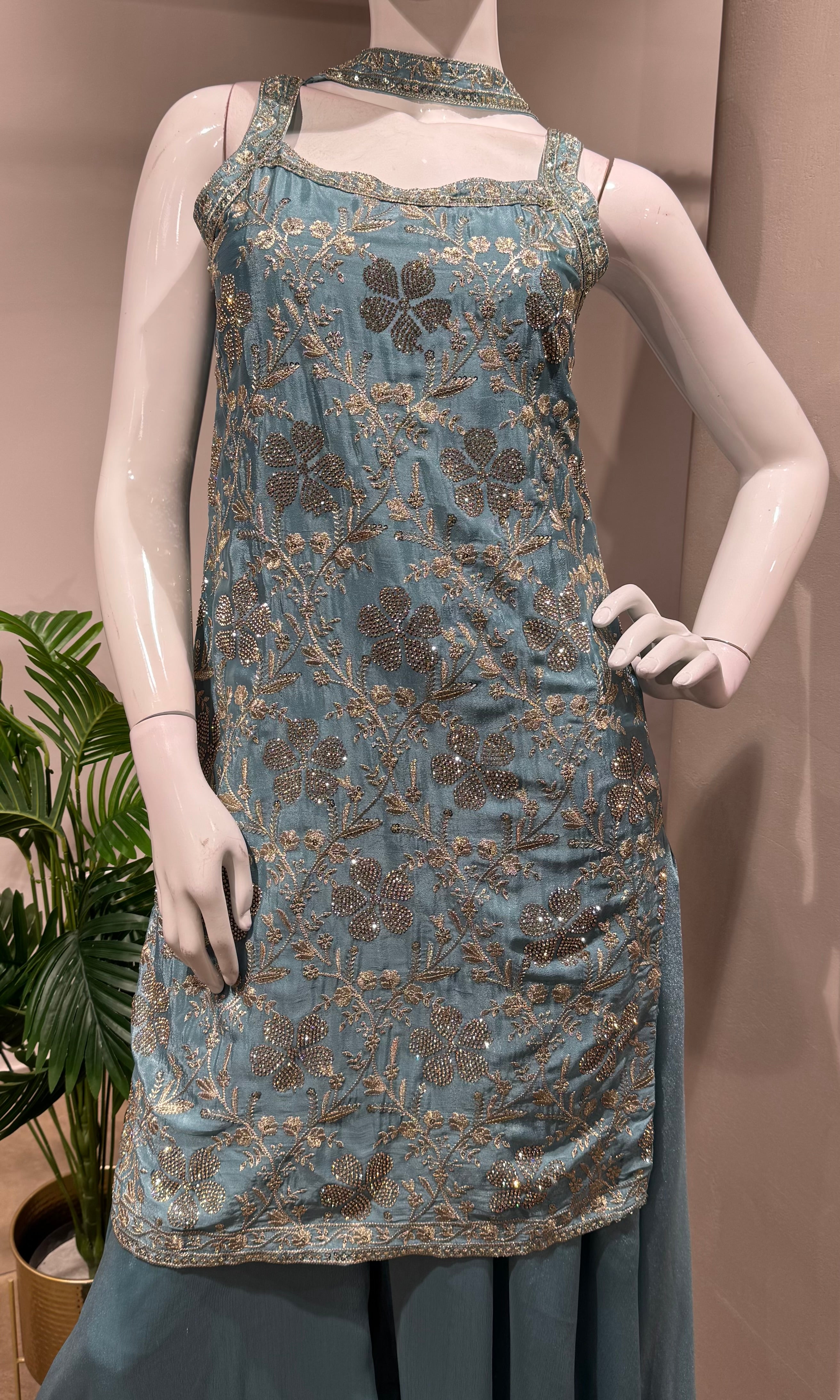 blue floral embroidered tissue sharara set
