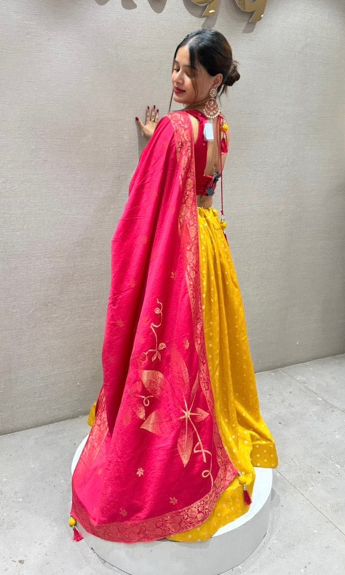sunshine yellow and rani pink lehenga