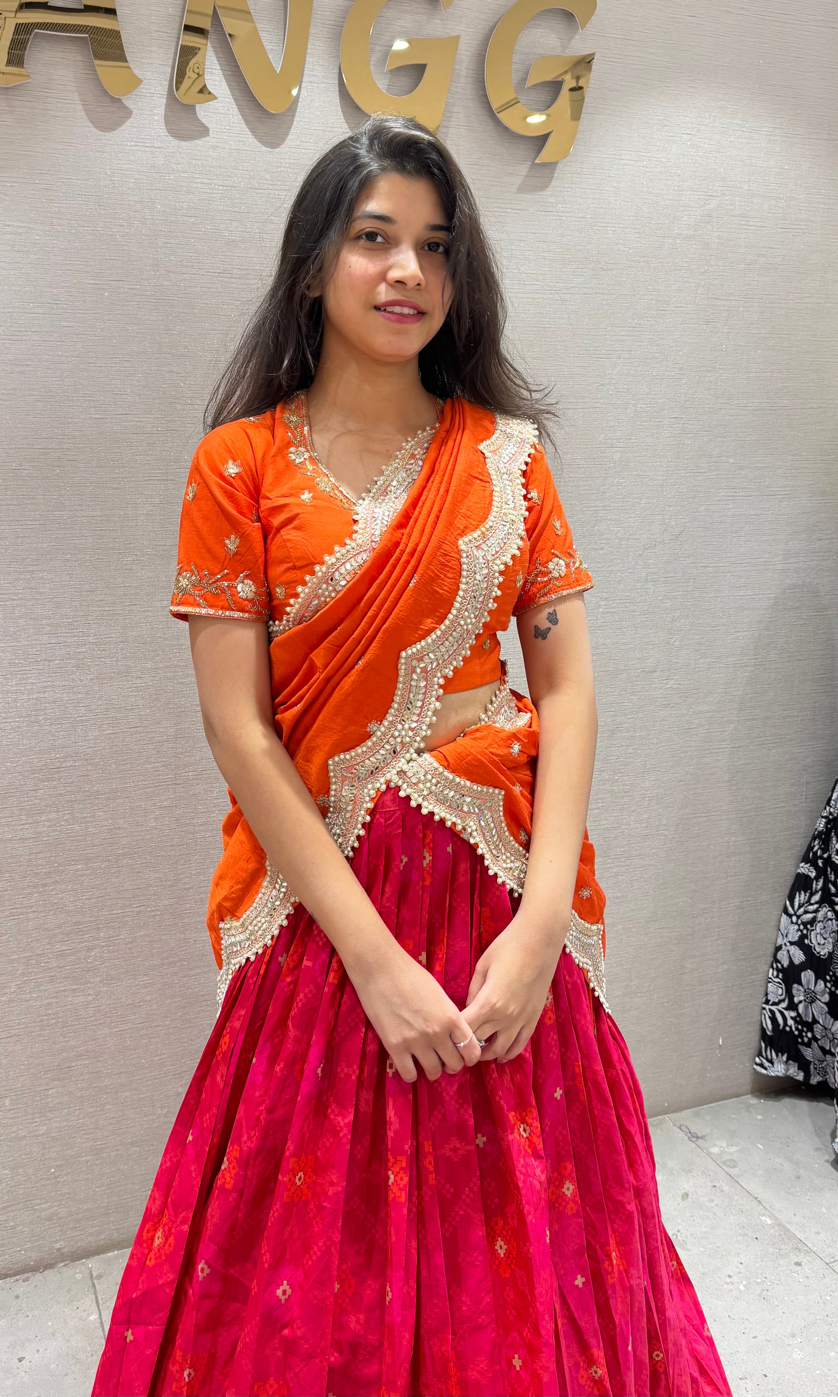Orange golden lase embroidery lehenga