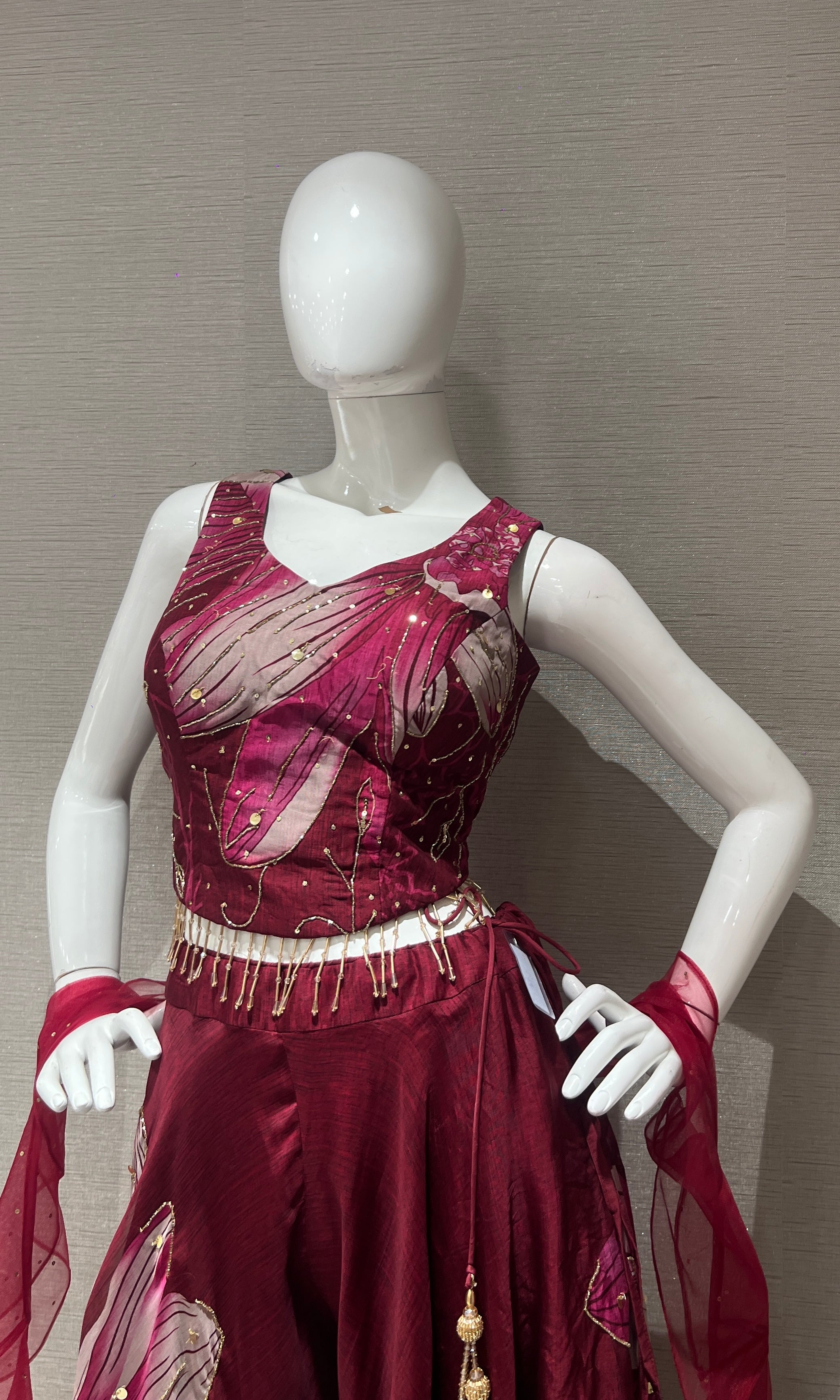 Wine Red Floral Organza Palazzo Ensemble