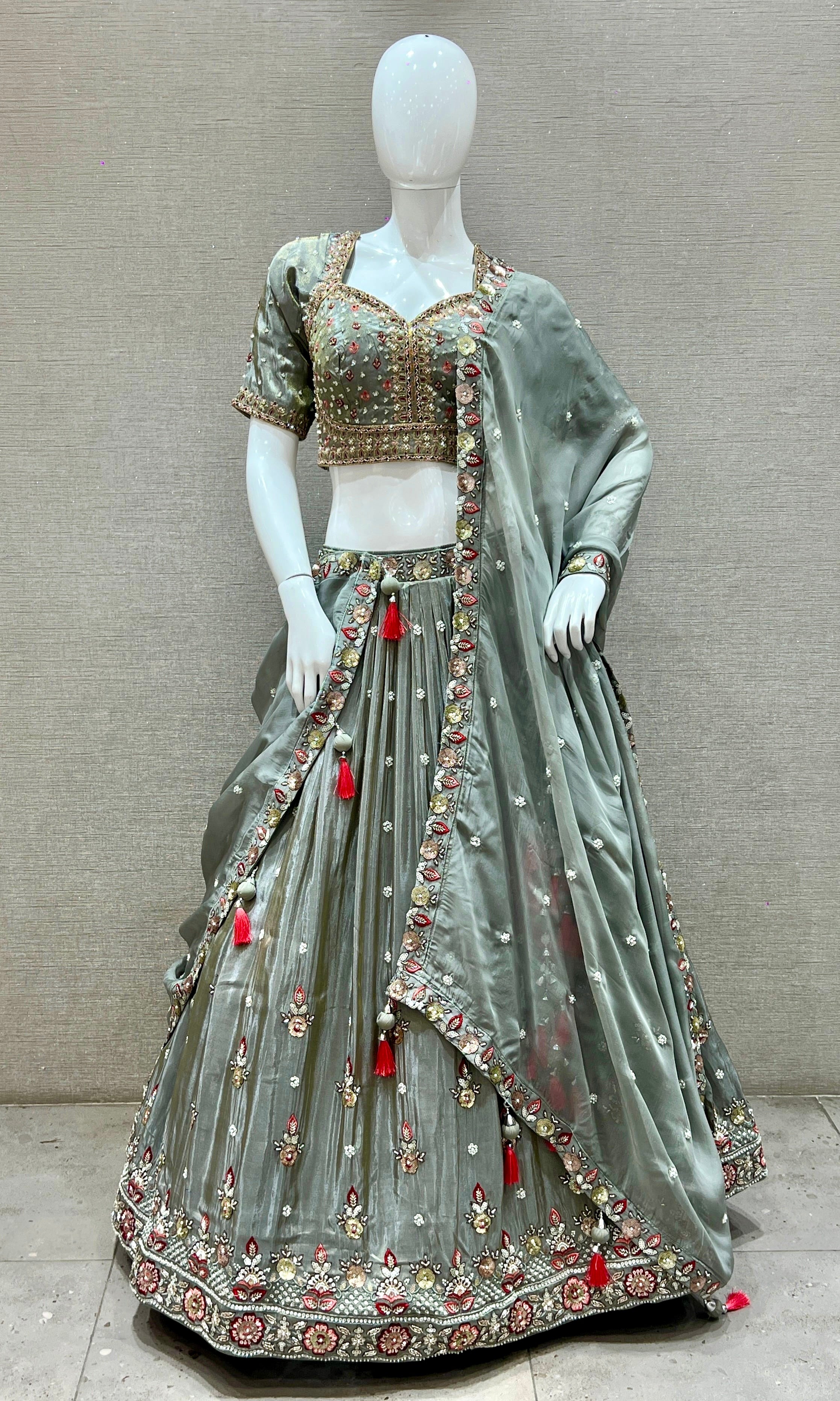 Smokey Grey Lehenga with Floral Crystal Embroidery and Sequin Highlights