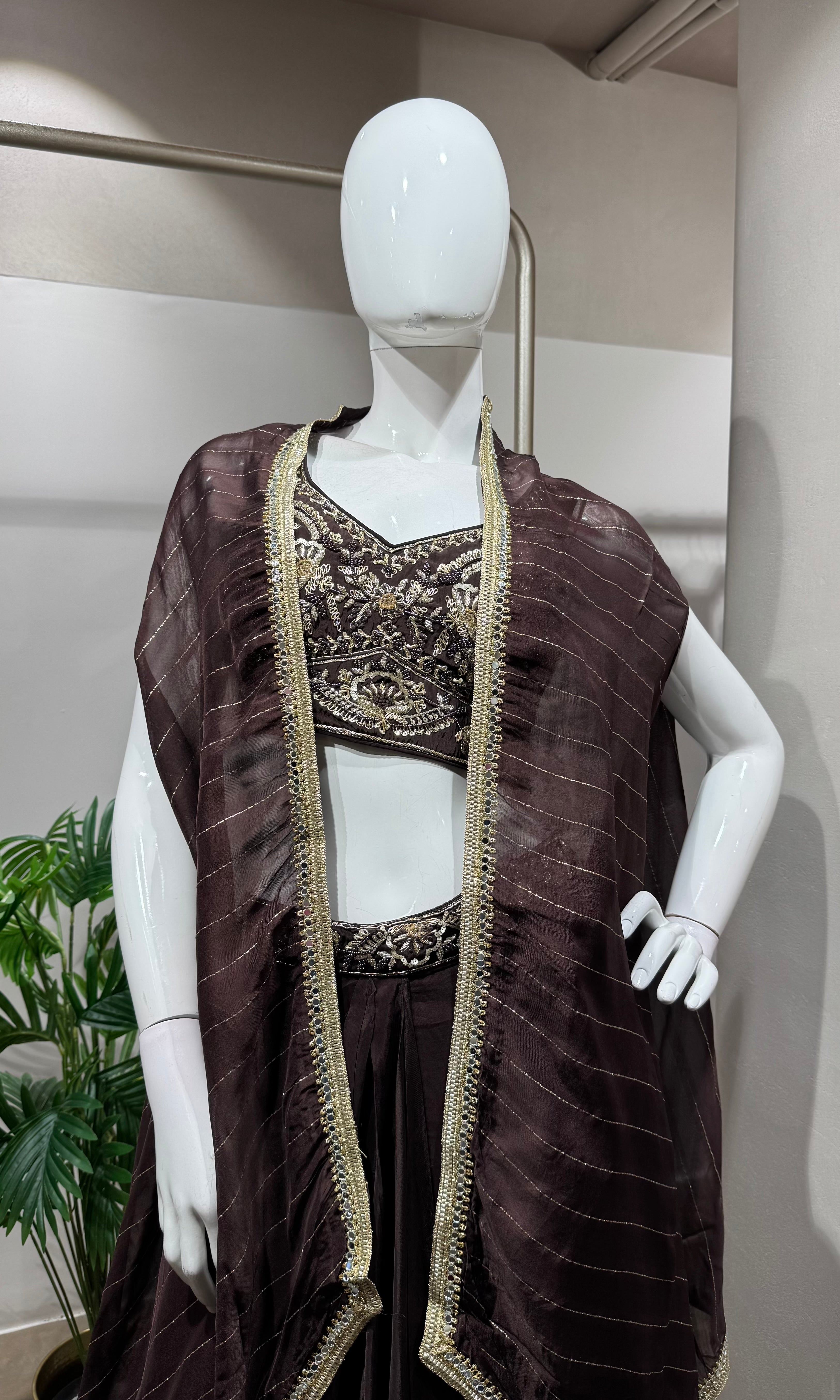 Brown silk drape skirt with cape & crop top