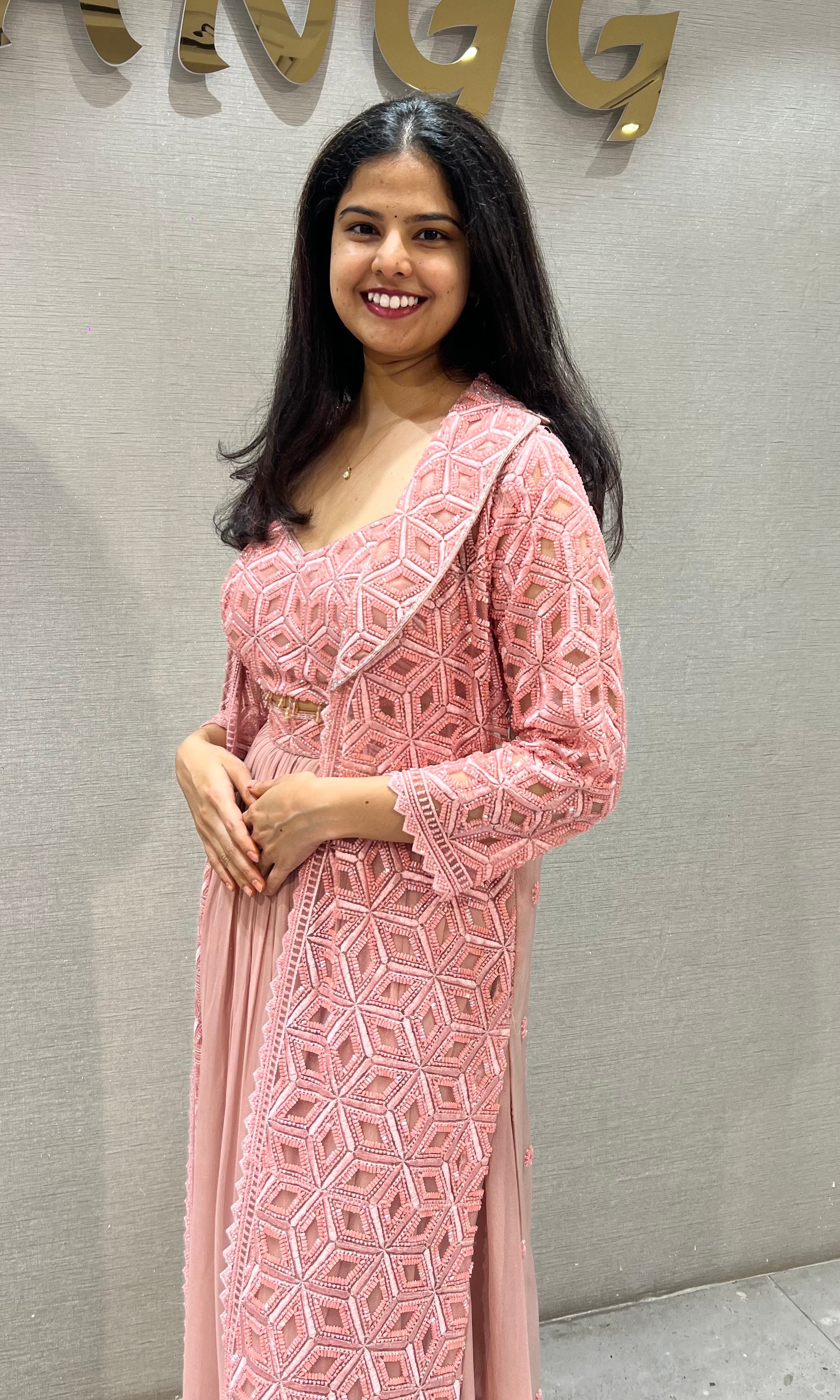 Onion Pink silk Embroidered Maxi Skirt with Cape Set