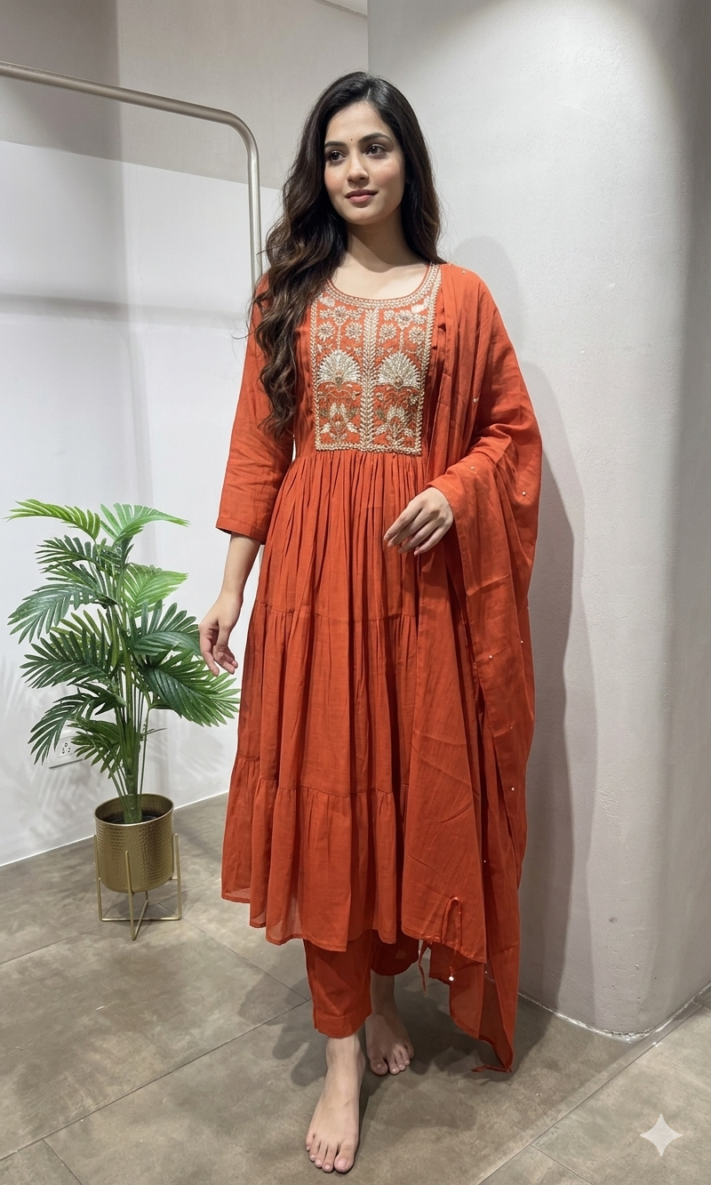 Orange embroidered kurta set with dupatta