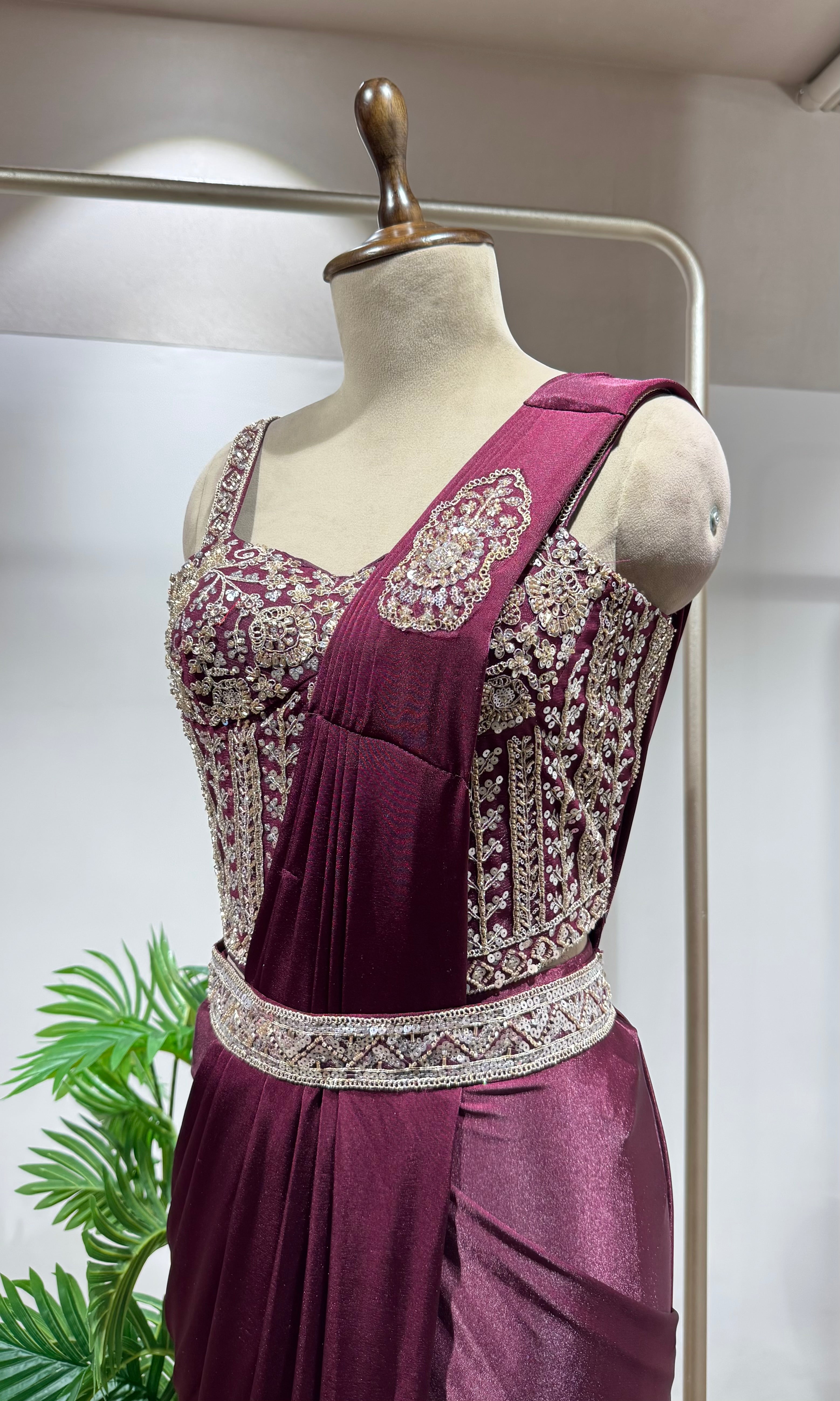 WINE CORSET DRAPED SAREE WITH BELT