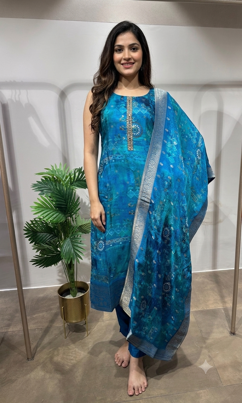 Blue Bandhani Print Silk kurta set