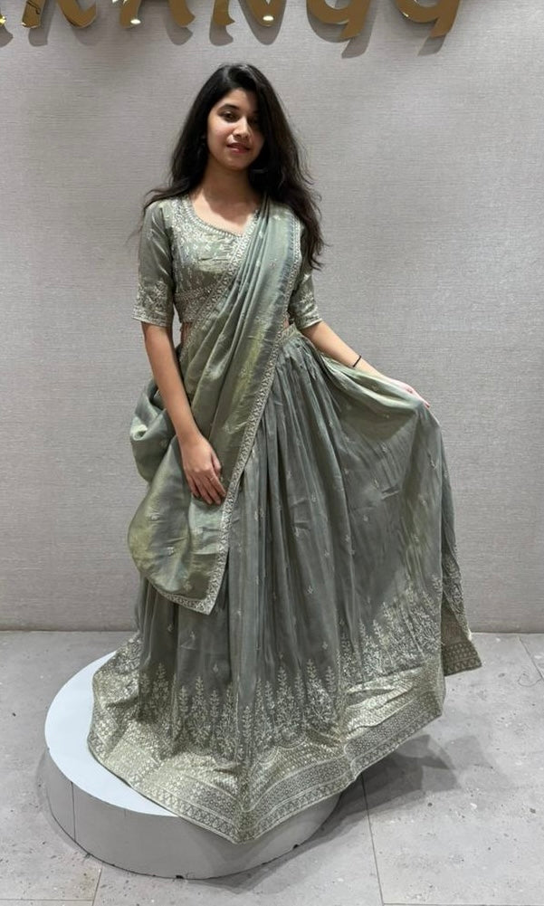 Sage GREEN Whisper Draped Lehenga Set