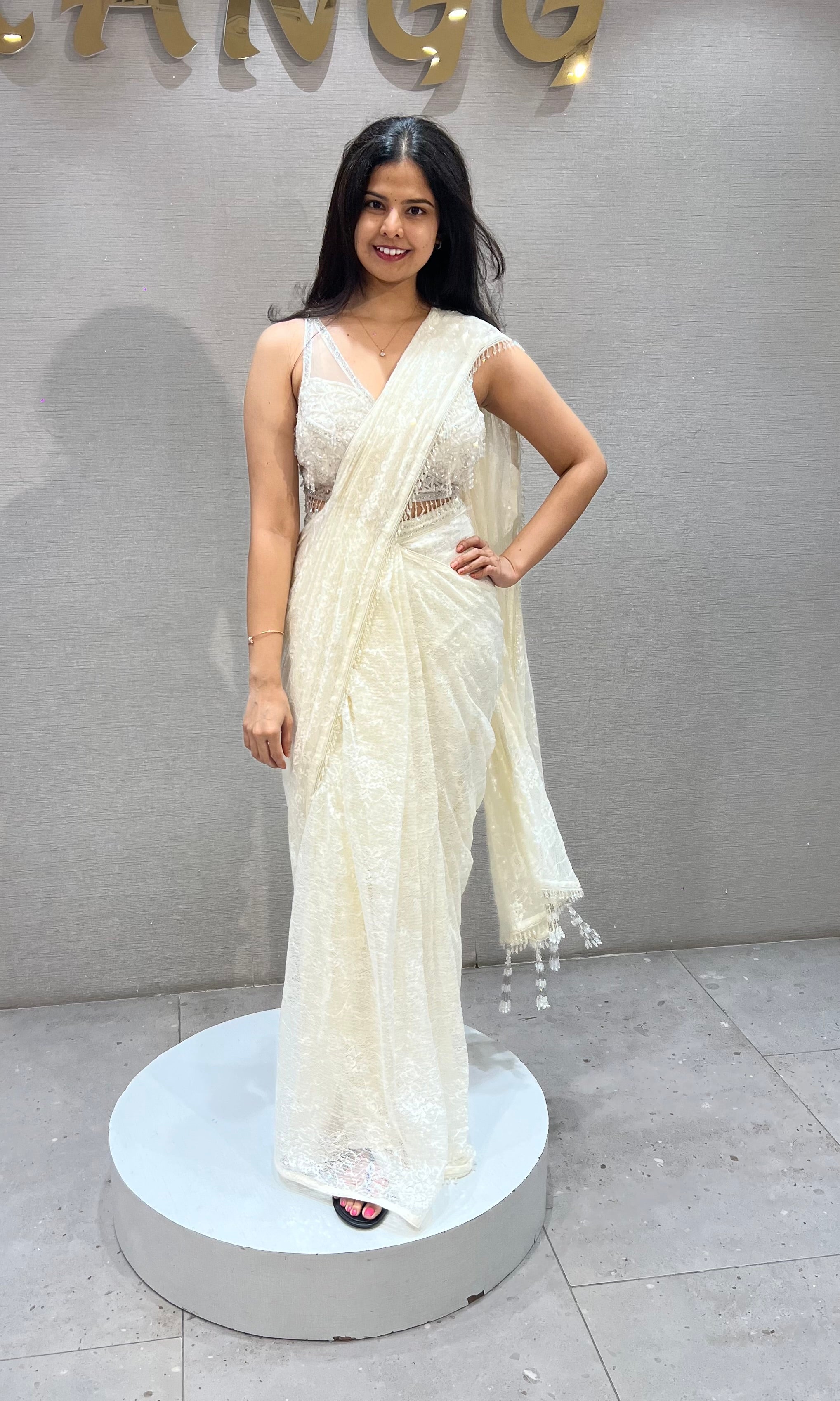 Cream Lace Tissue net Drape Saree with Blouse