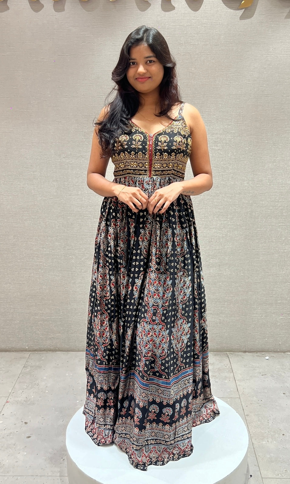 Black Floral Print Long Gown