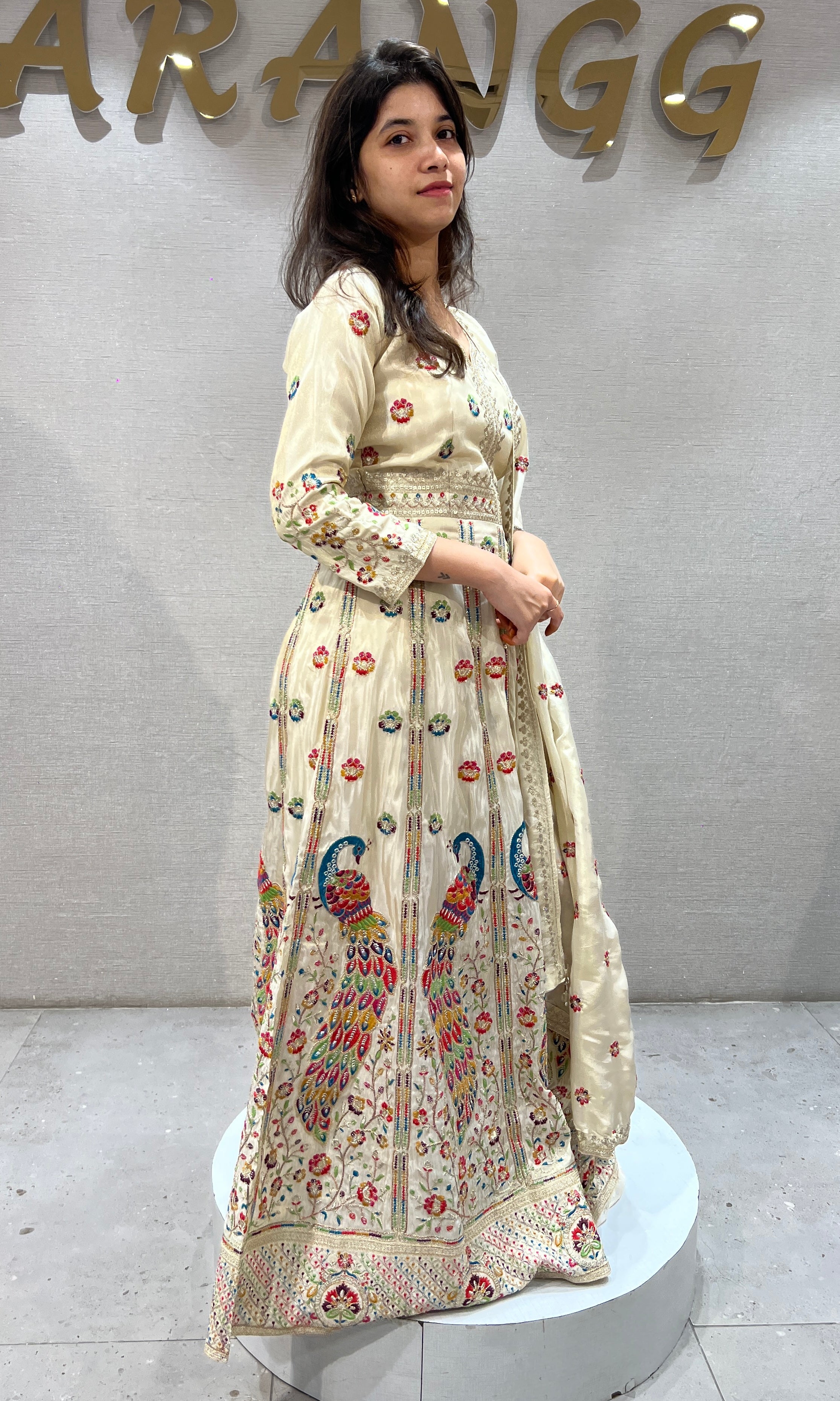 Cream Embroidered Anarkali Set with Flared Skirt