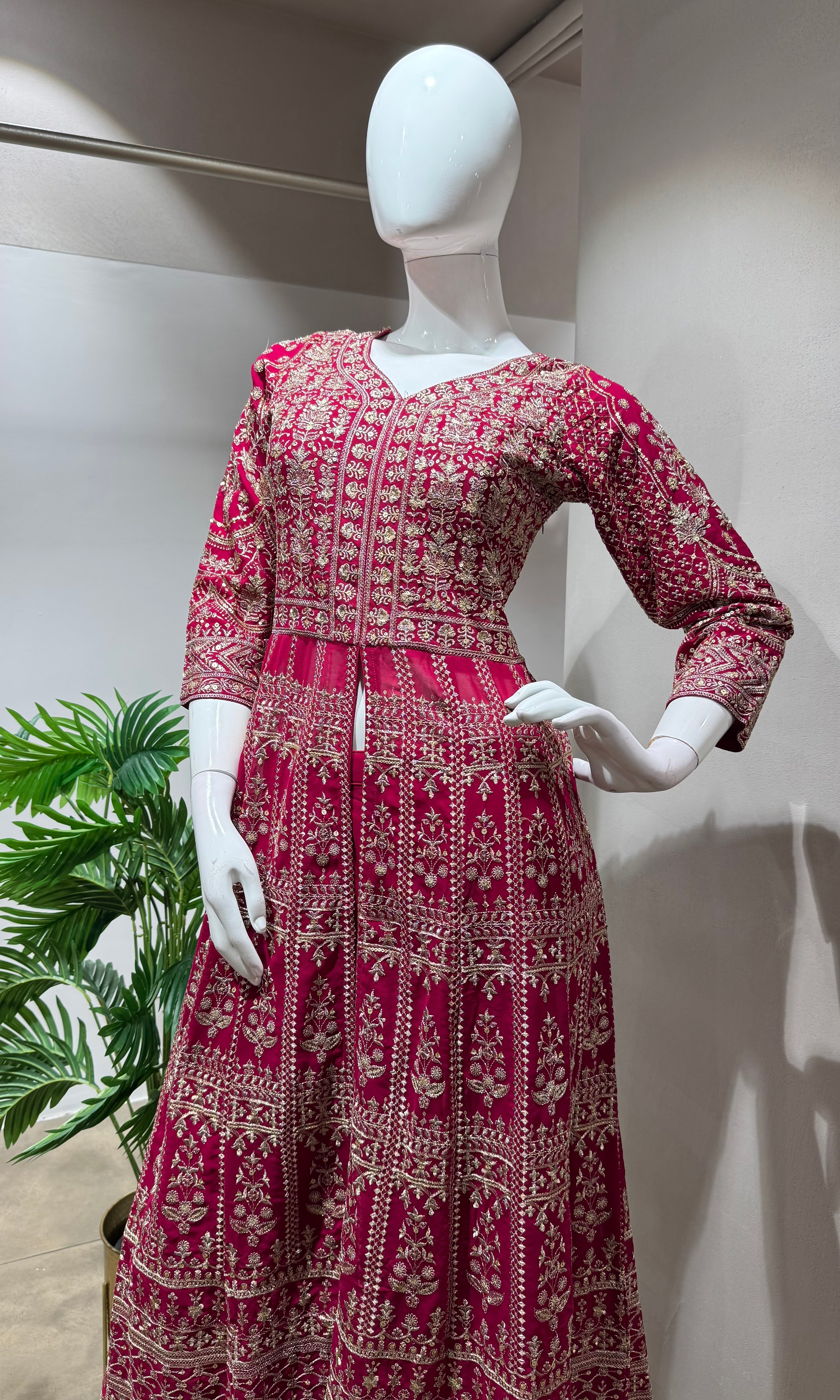 RANI PINK Embroidered front Slit anarkali set