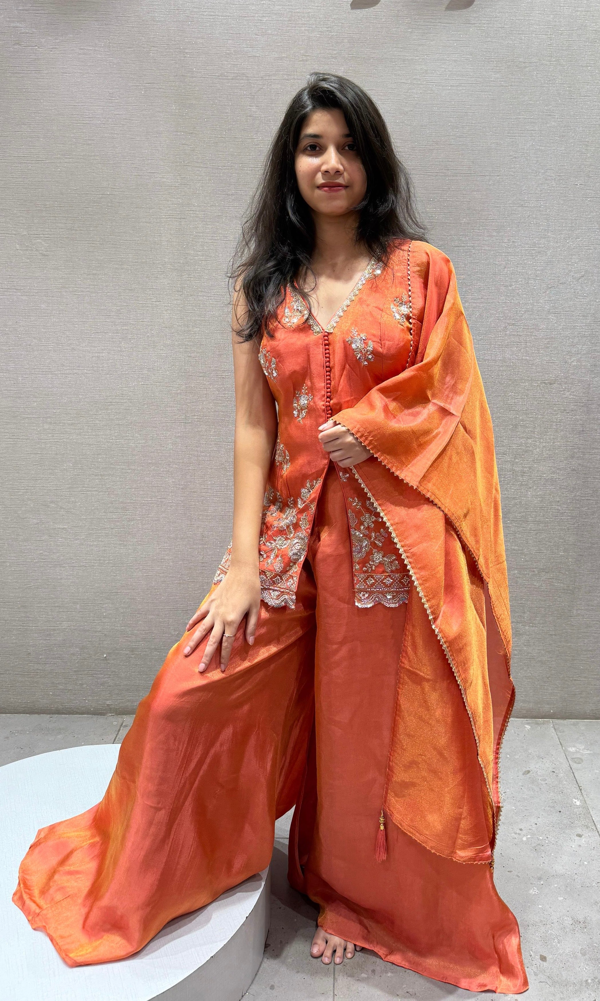 orange Peplum Palazzo set in shimmer silk