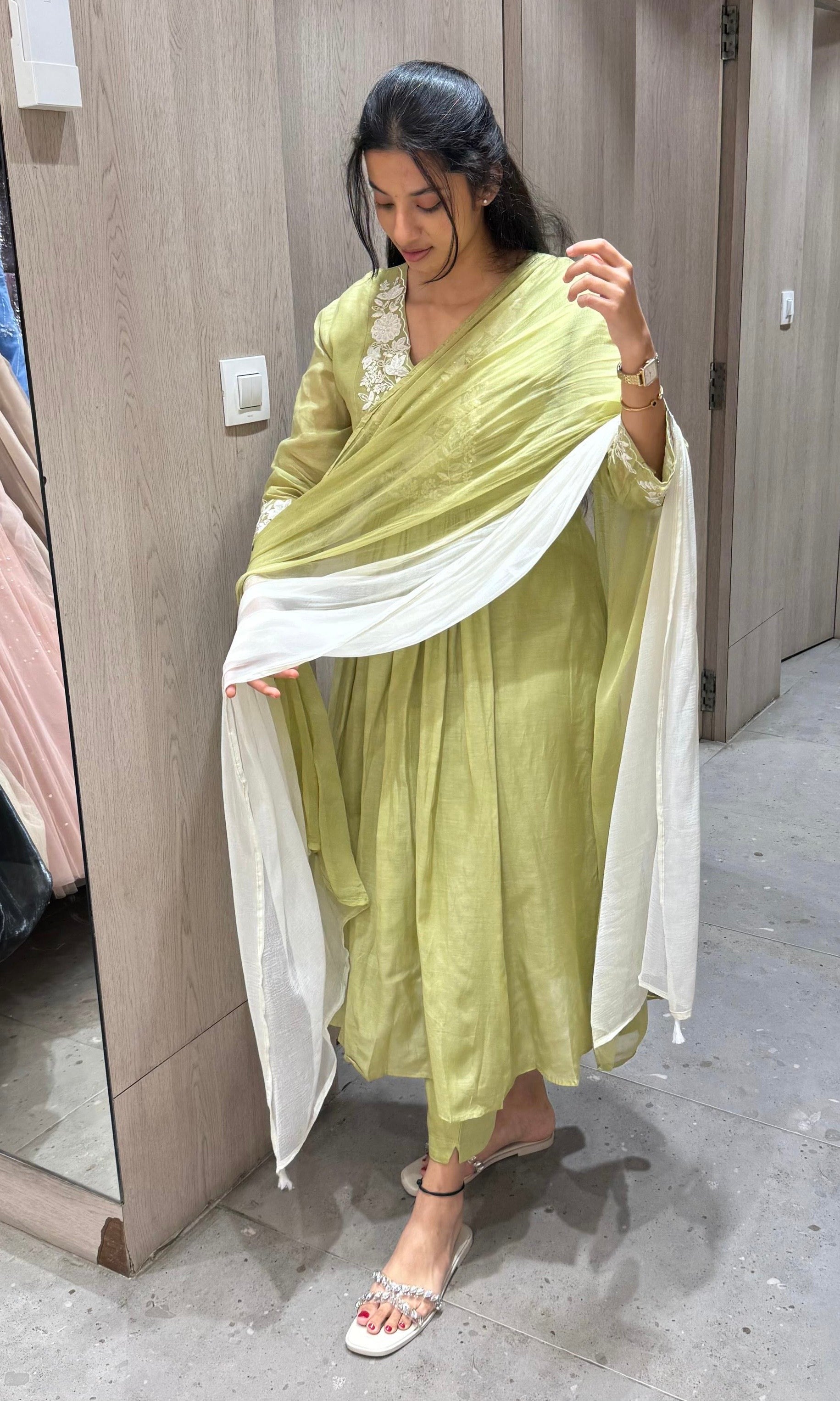matcha green MUL CHANDERI anarkali kurta set