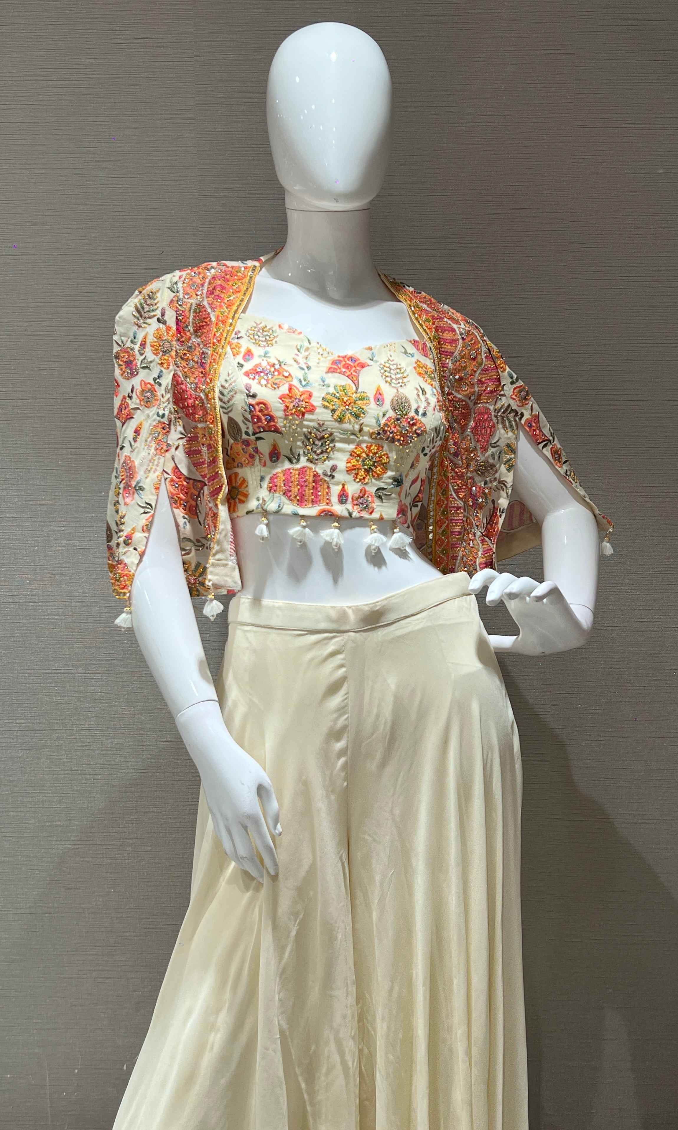 Ivory Floral Crop Top with Jacket and Palazzo