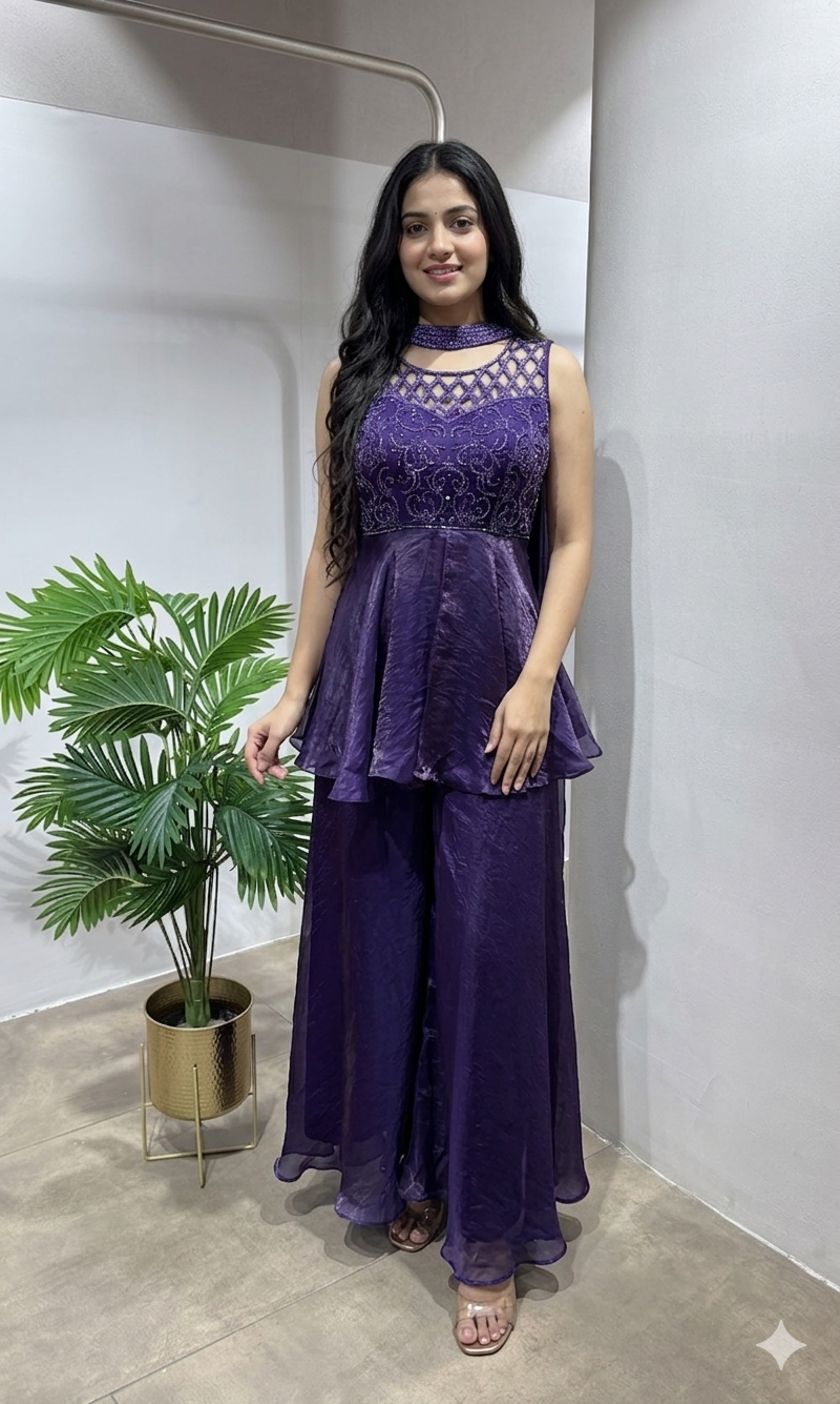 PURPLE Georgette Peplum Palazzo SET