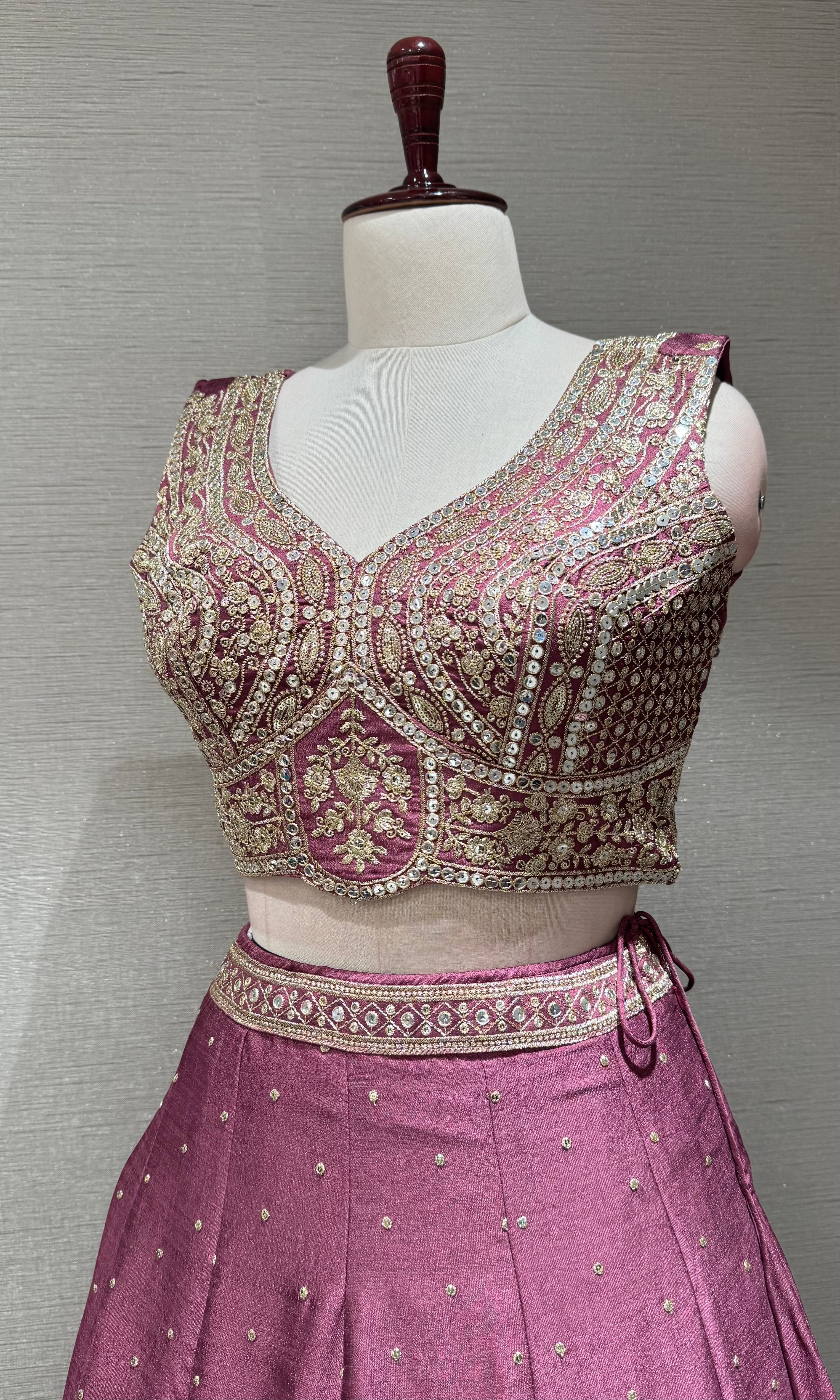 Wine Blossom Embroidered Crop Top Lehenga