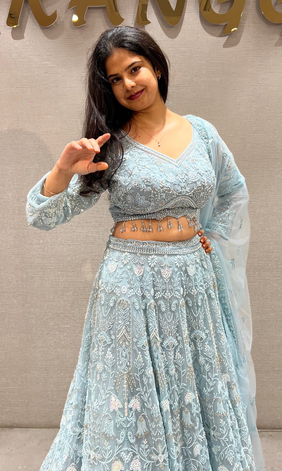 Powder Blue Floral silk Embroidered Bridal Lehenga set with dupatta
