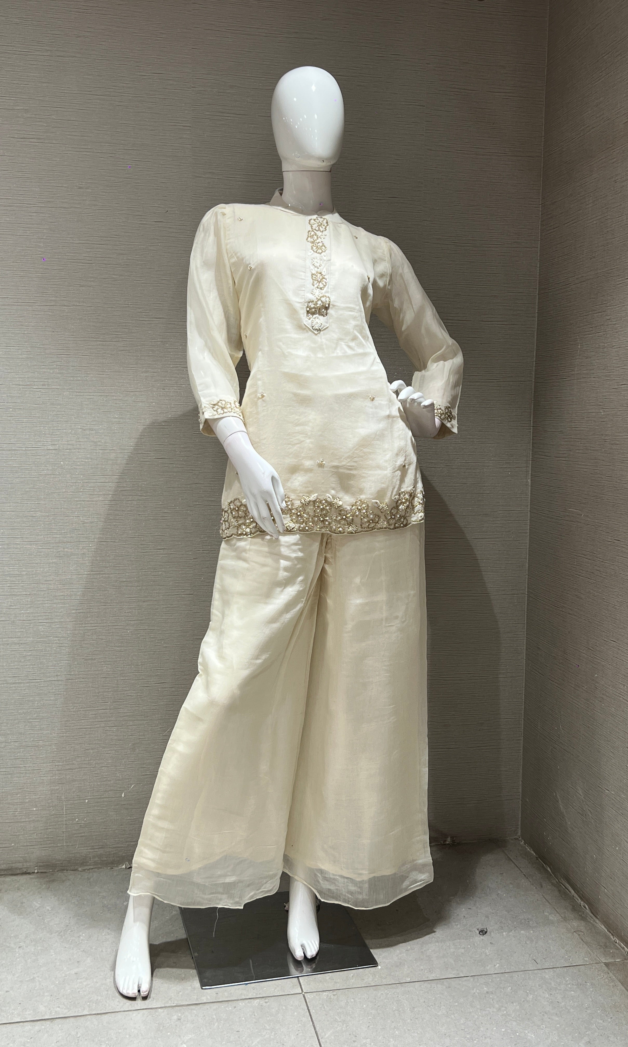 Cream FLORAL EMBROIDERED PALAZZO SET