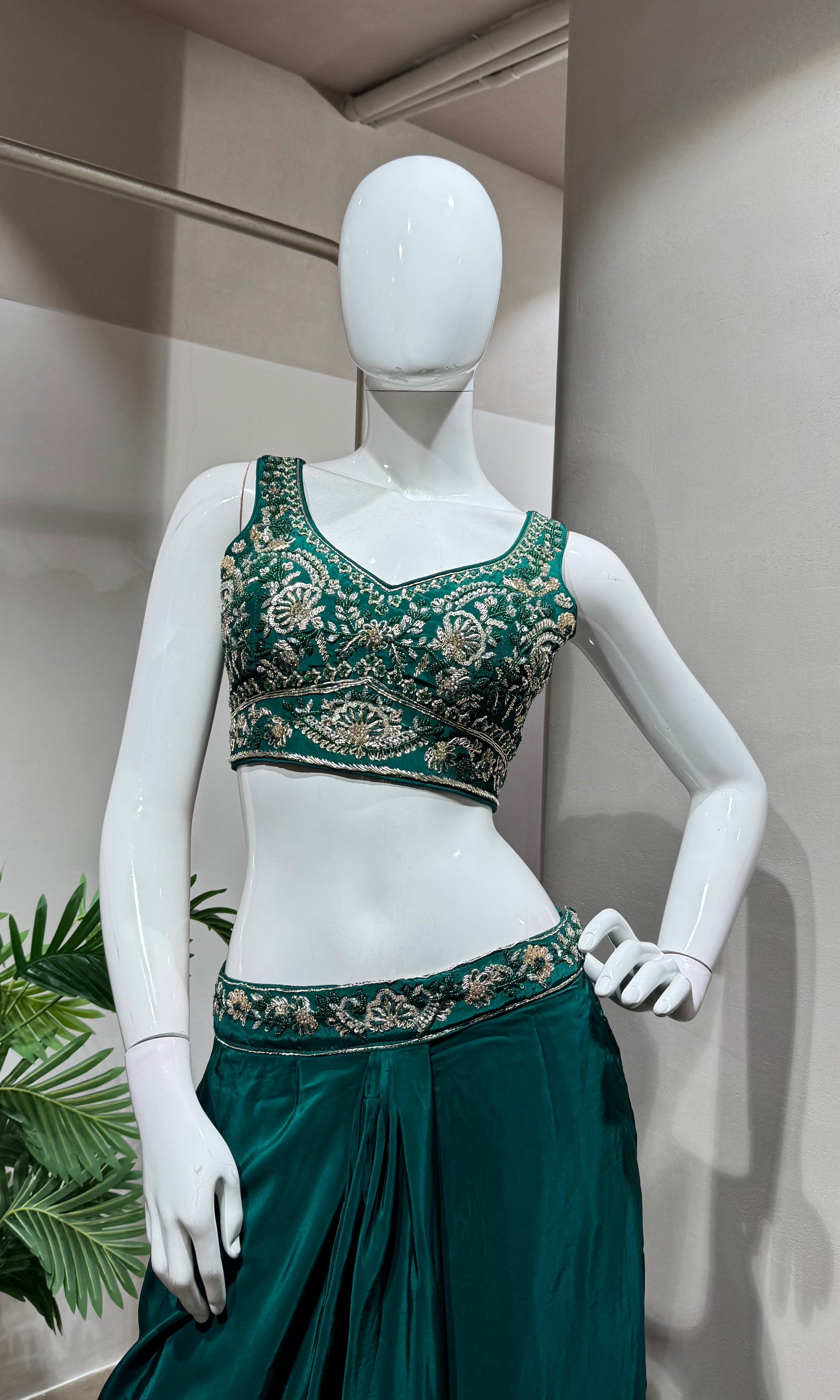 Green Embroidered Blouse Drape Skirt Set