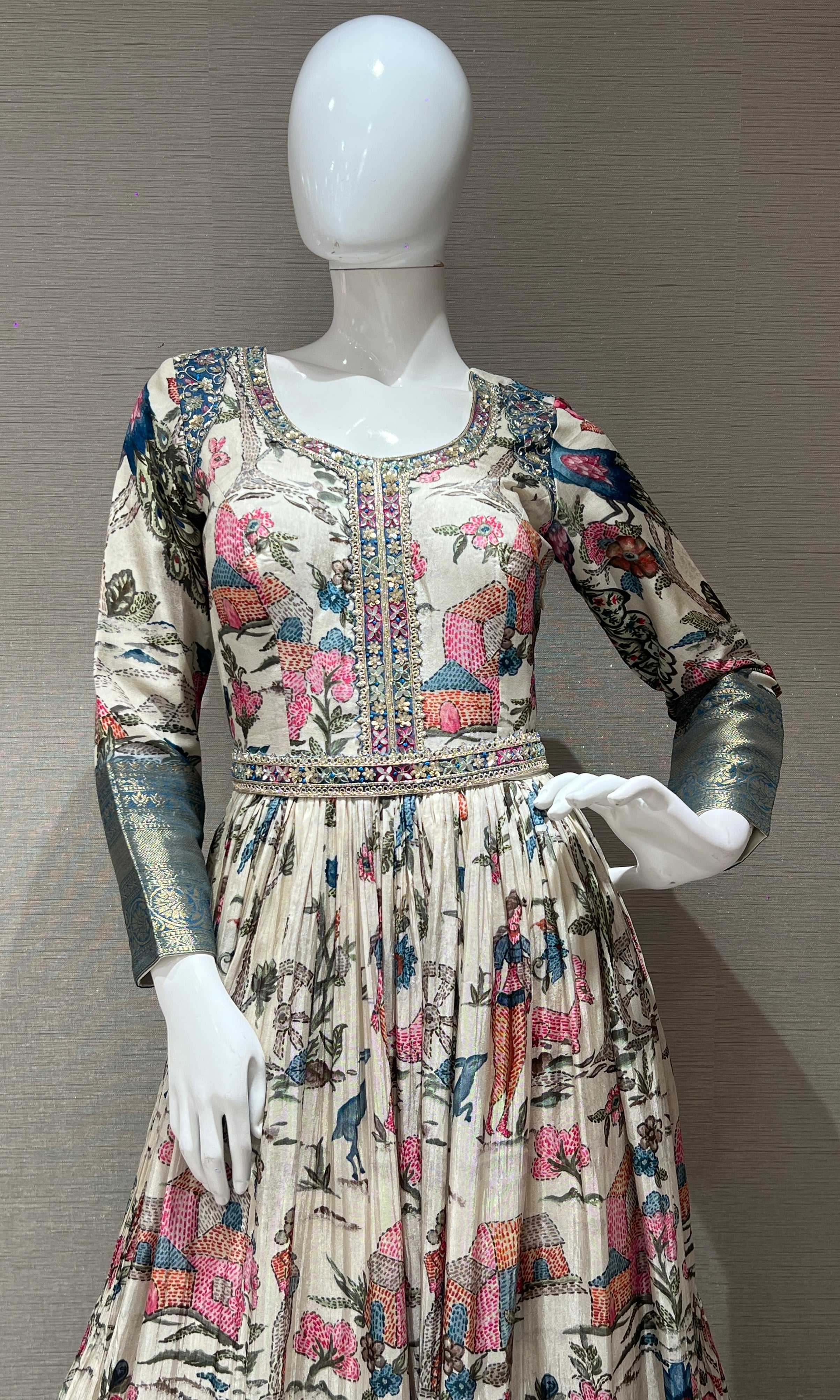 Cream long floral print Anarkali