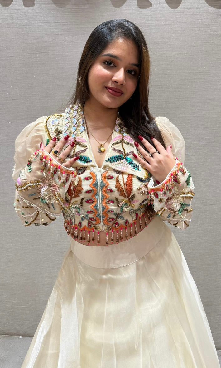 Pearl white cream gold lehenga designer blouse