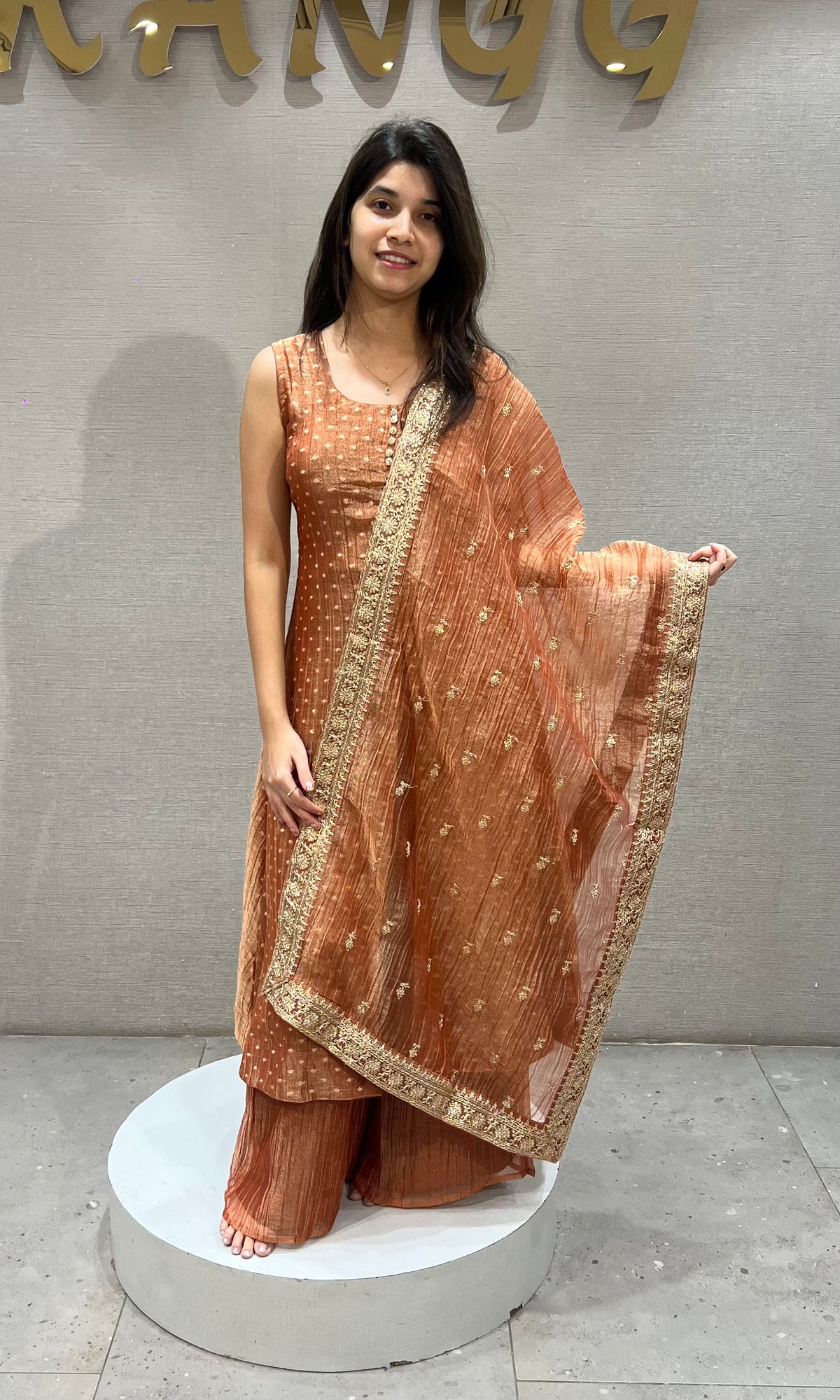 Rust Orange Embroidered Anarkali Set with Sheer Dupatta