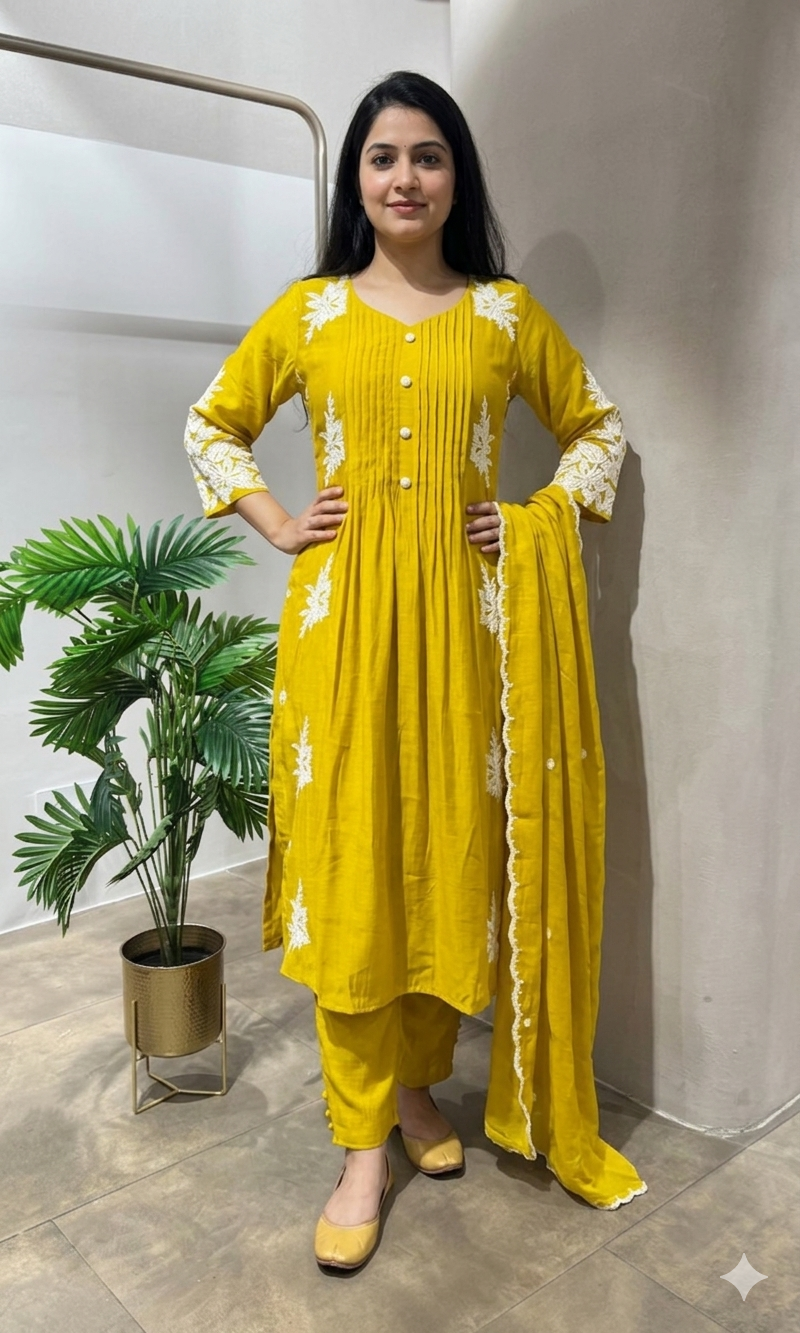MUSTARD FLORAL EMBROIDERY MUL CHANDERI KURTA SET