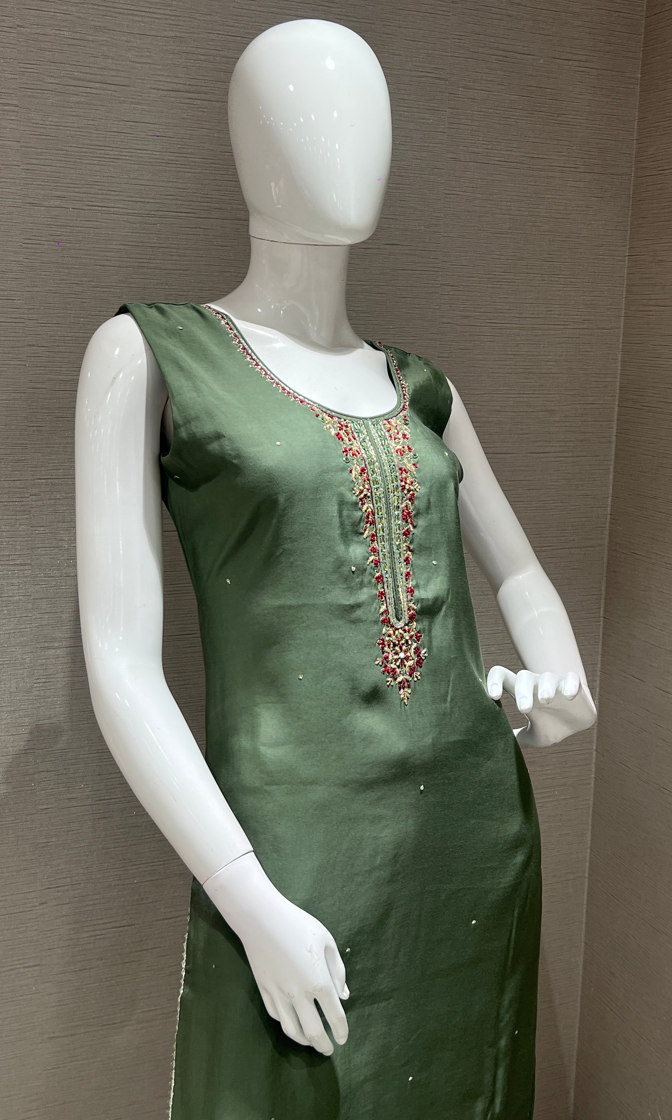 Green Embroidered Kurta Set with Woven Dupatta