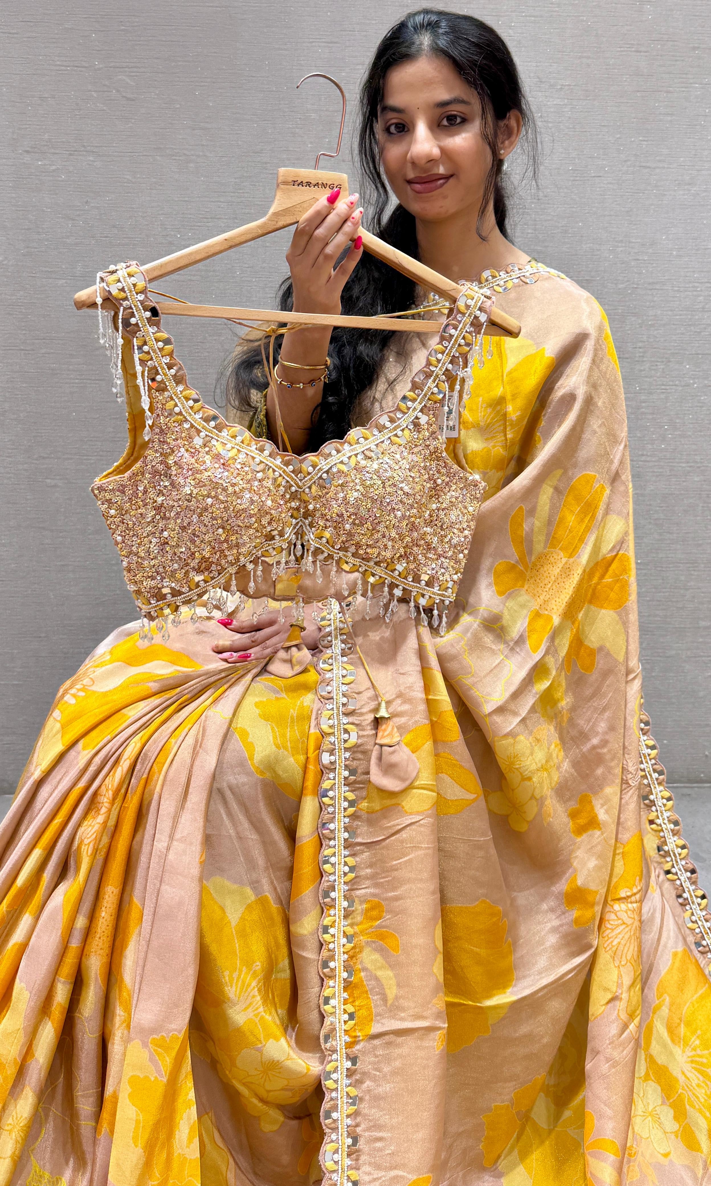Mango Yellow digital printed tissue silk saree with ready blouse