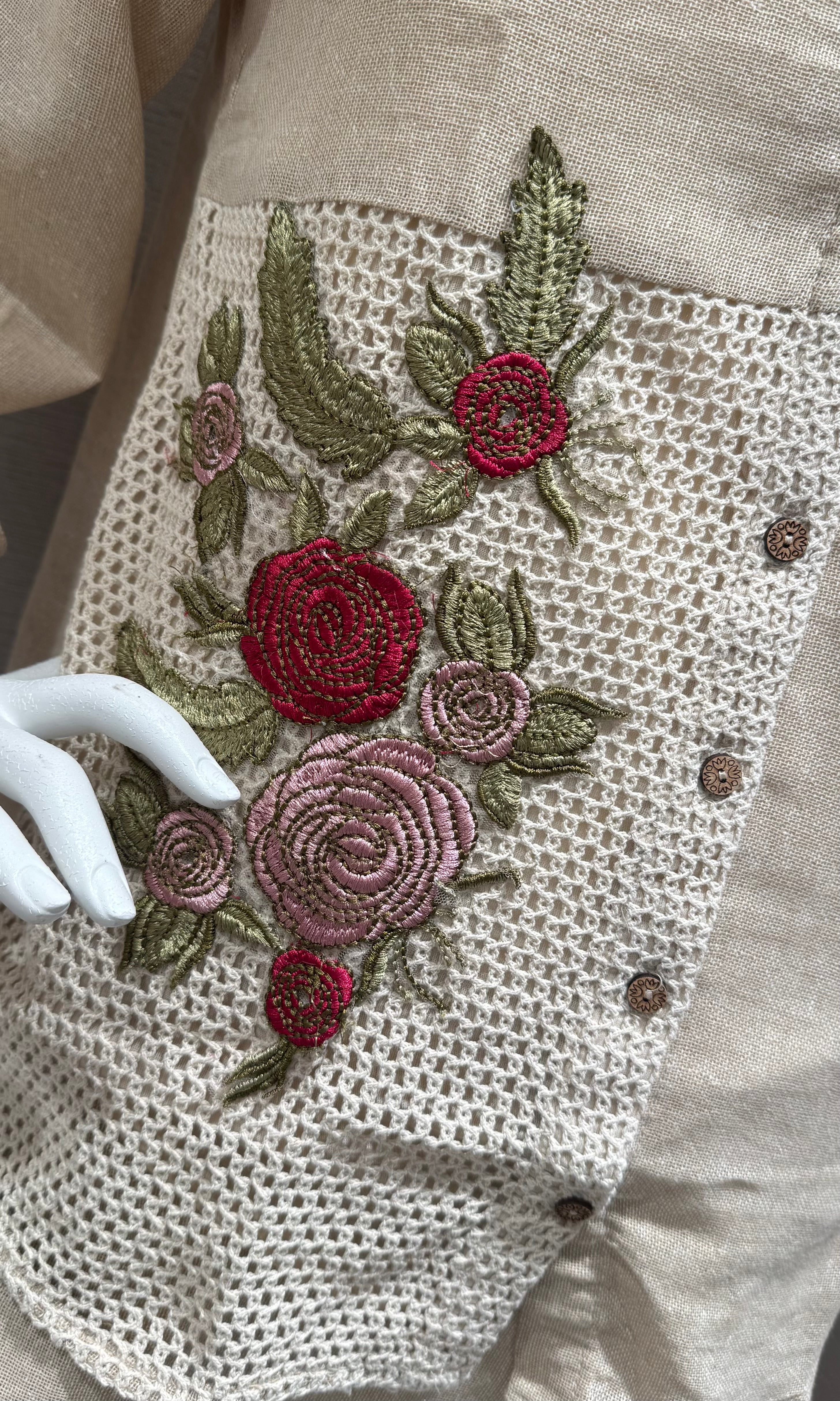 Beige Linen Embroidered Cord Set