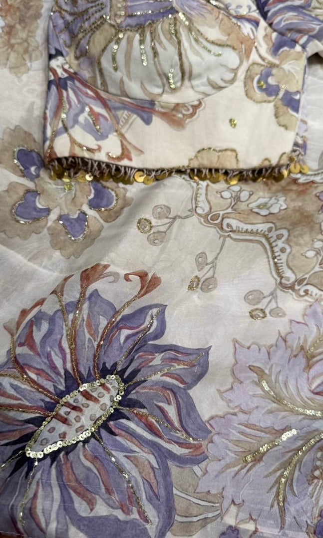 White and lavender floral saree with ready blouse