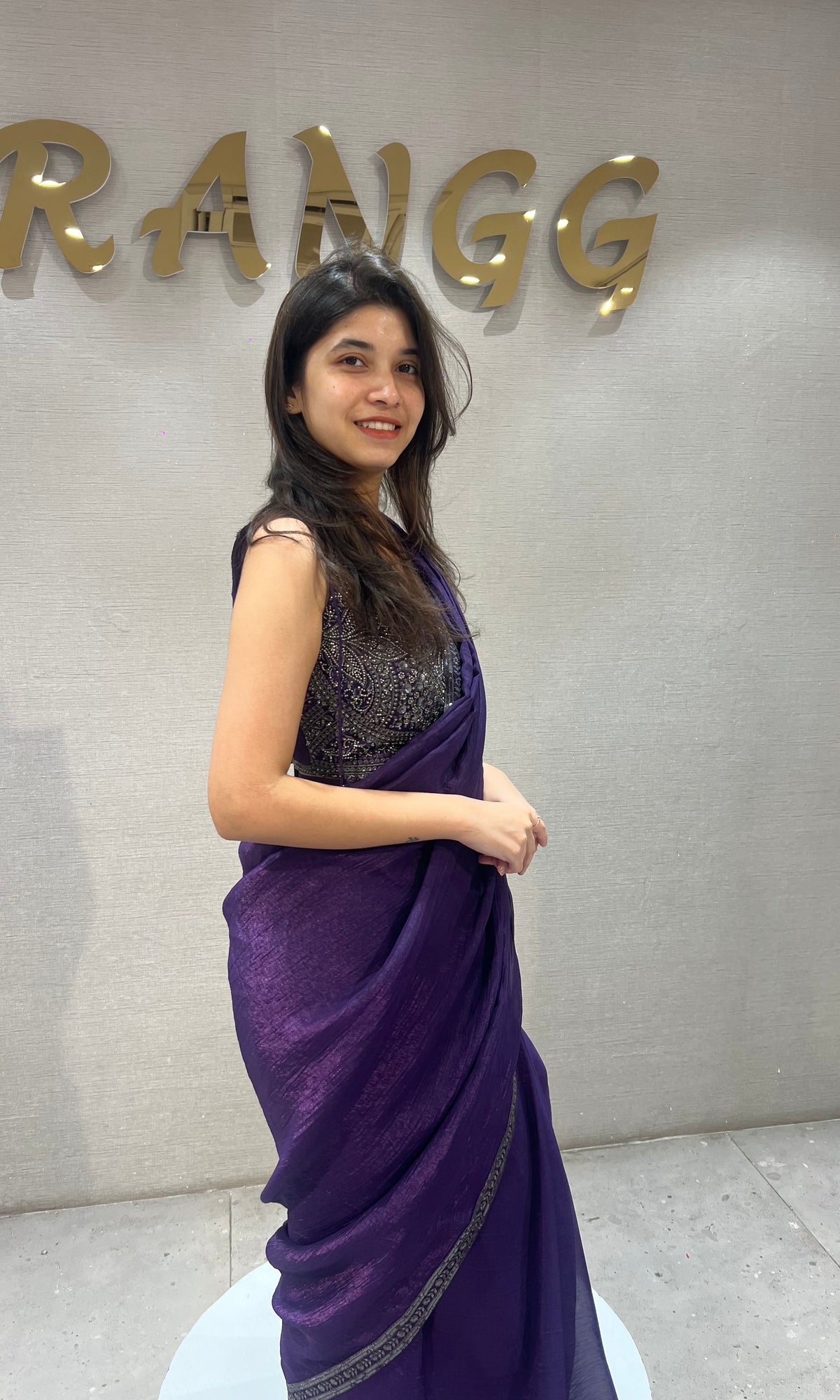 Deep Purple Embroidered Georgette Drape Saree