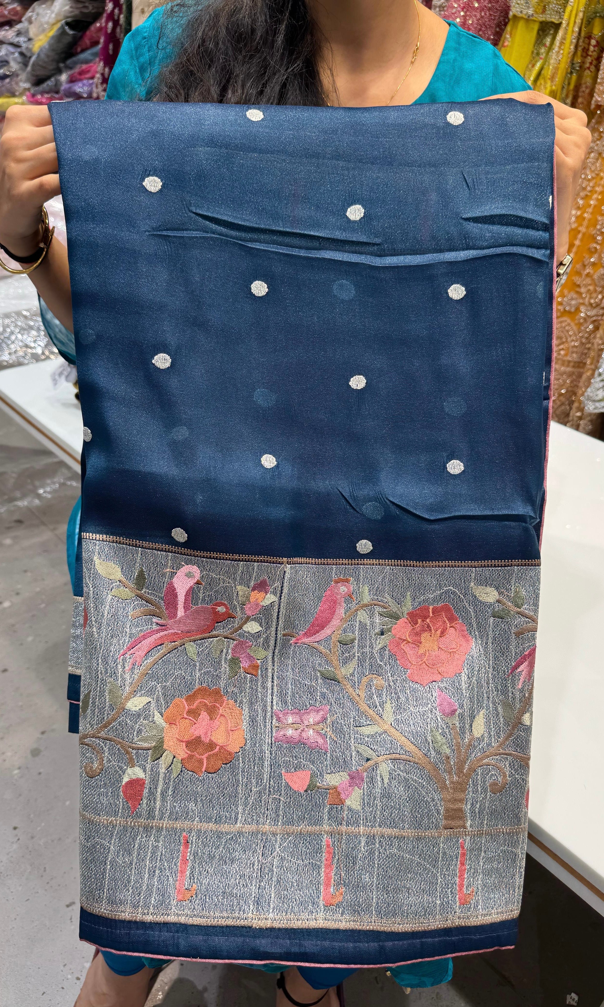 Blue soft tissue saree with paithani embroidery with buta work