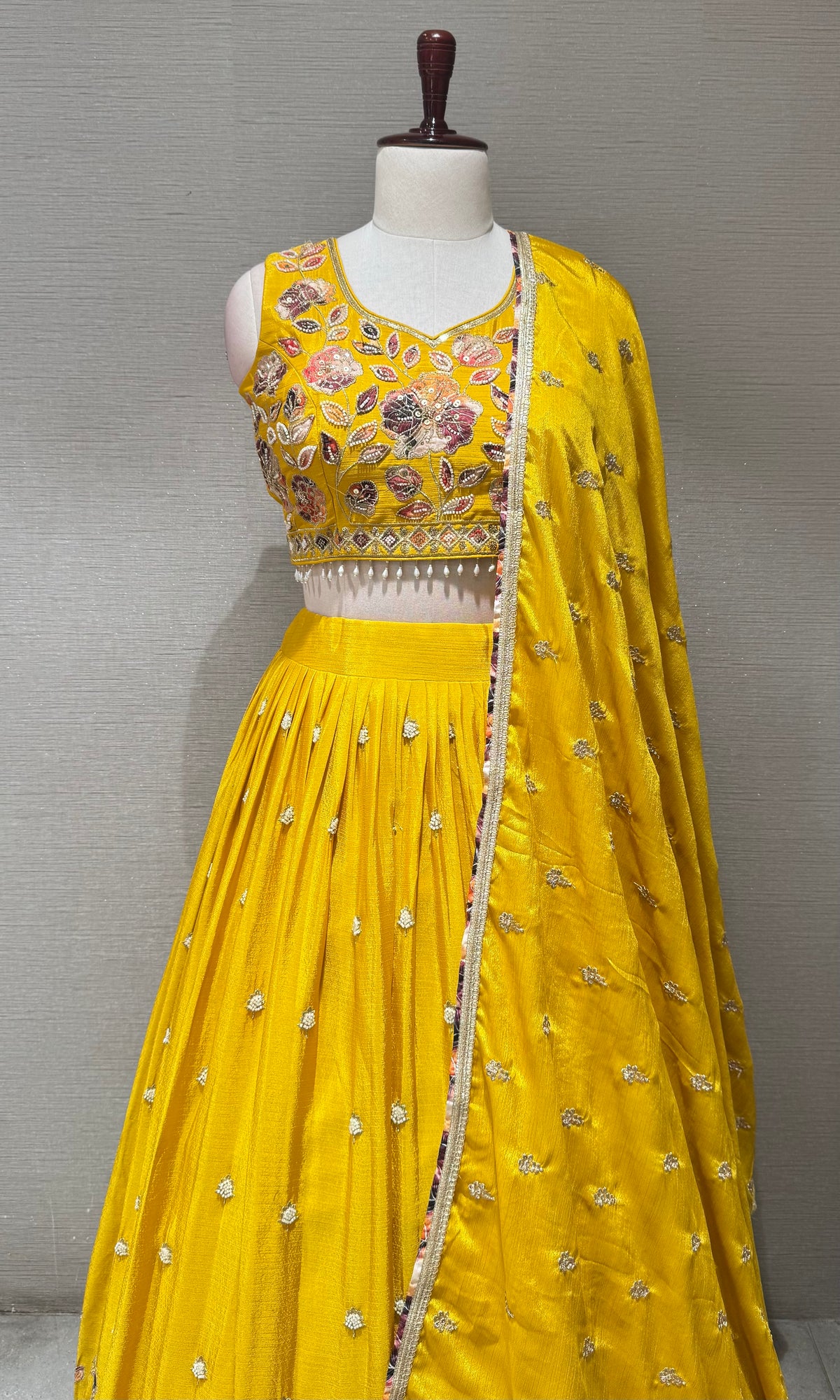 yellow Tissue silk Multi Floral Crop Top Lehenga set