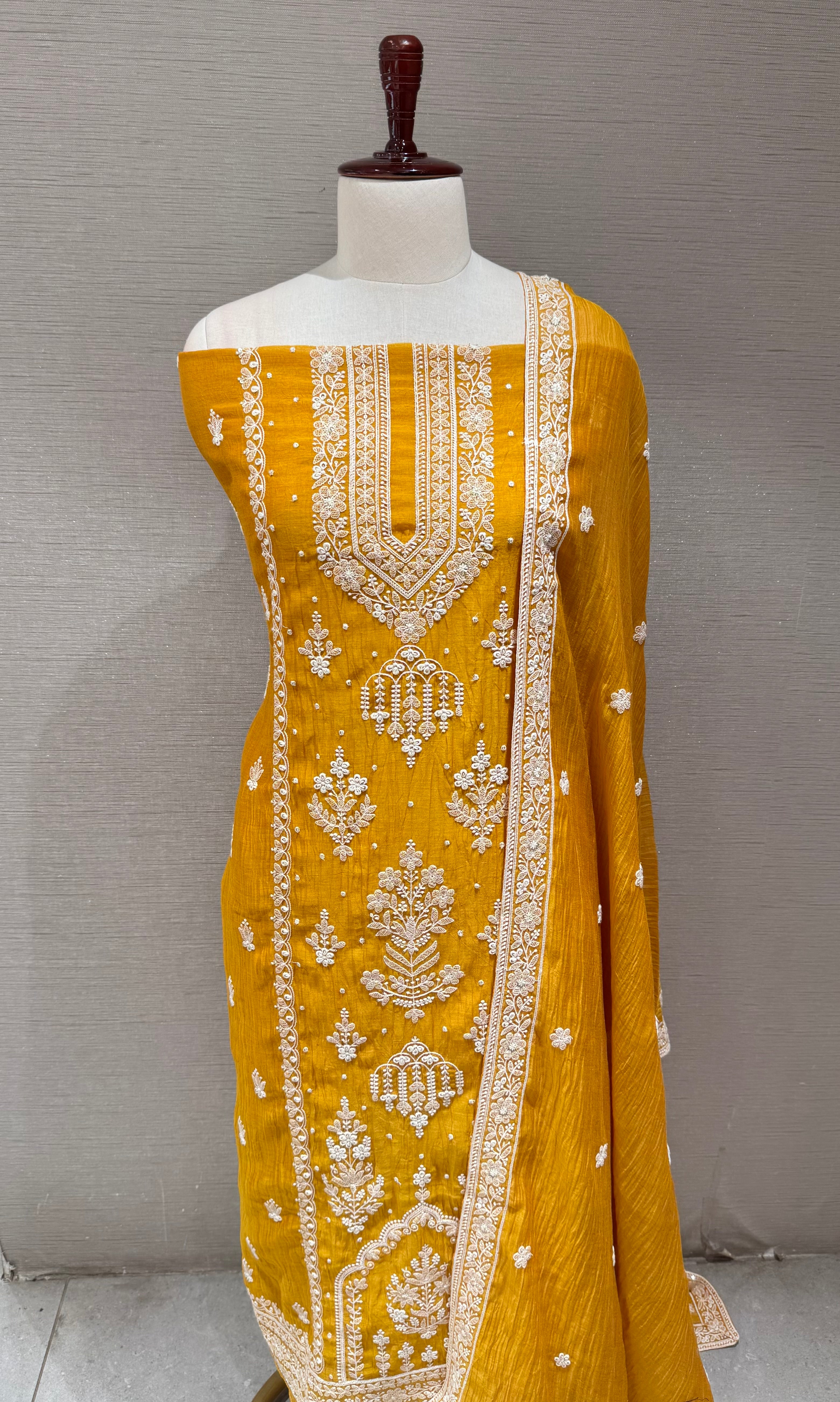Mustard Yellow Embroidered Silk Dress Material Set