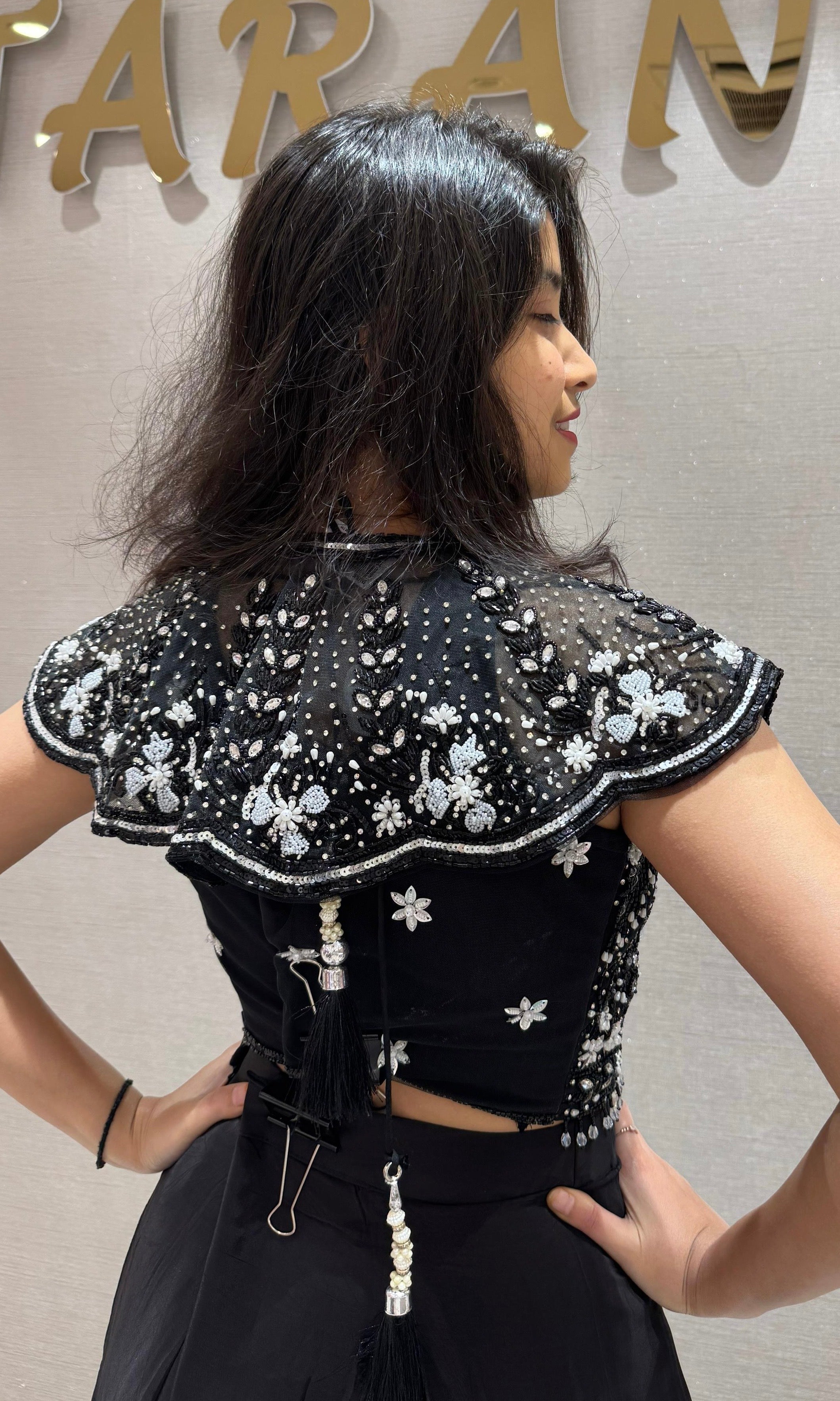 Black Sequin Embroidered Layered Drape Skirt