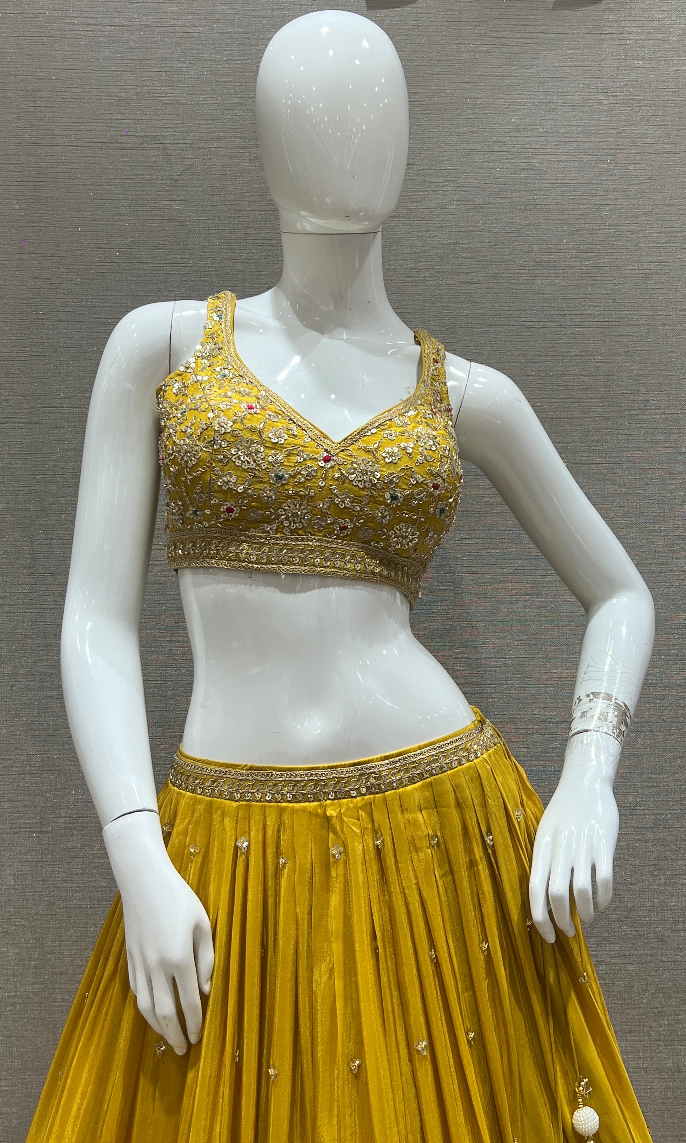Sunehri- Mustard Yellow Lehenga with Gold and Floral Embroidery Work