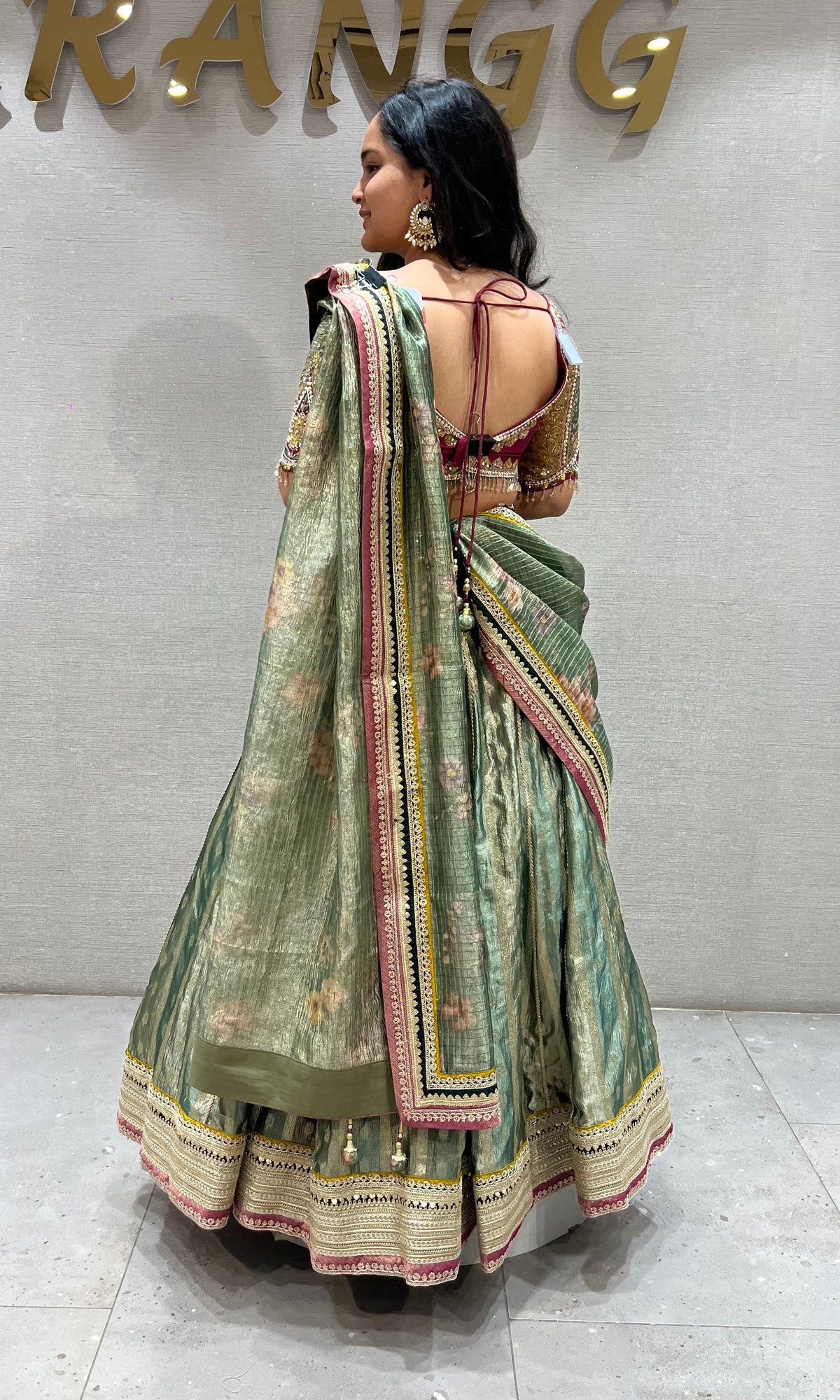 Sage Green raw silk Lehenga Set with Golden Zari Motifs