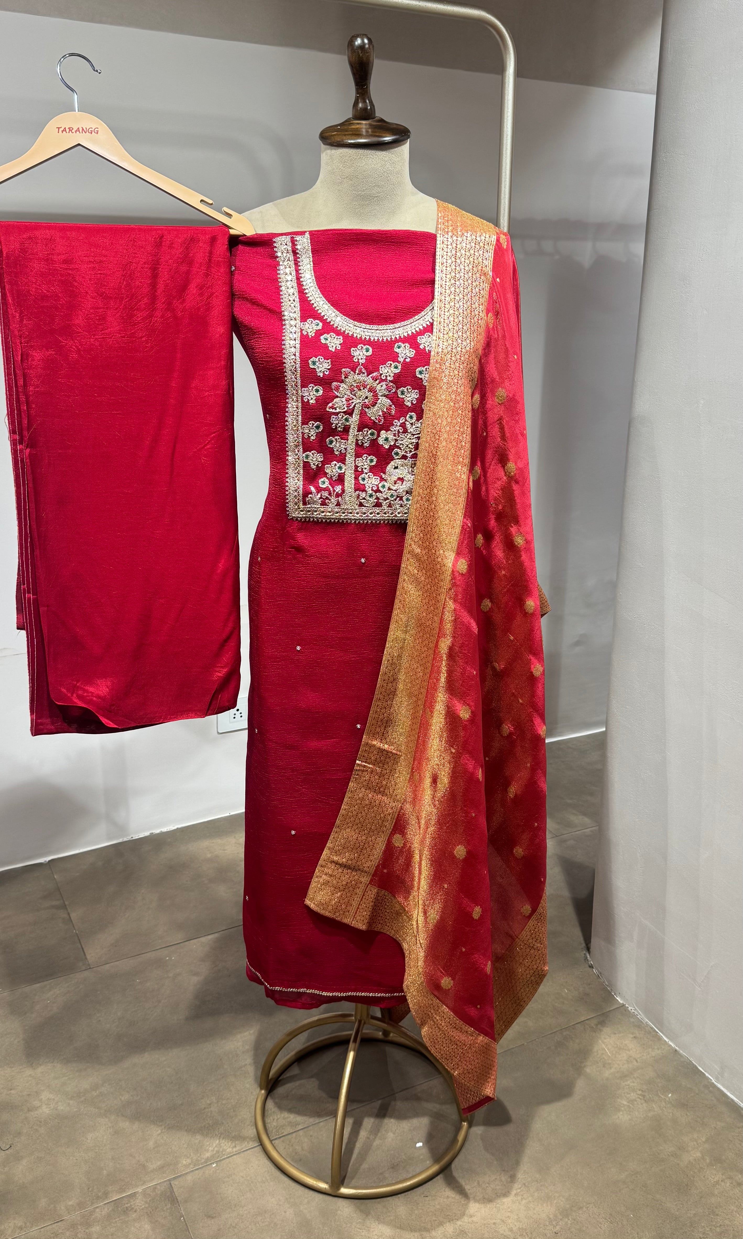Red ETHINC DRESS MATERIAL WITH BANARASI DUPATTA