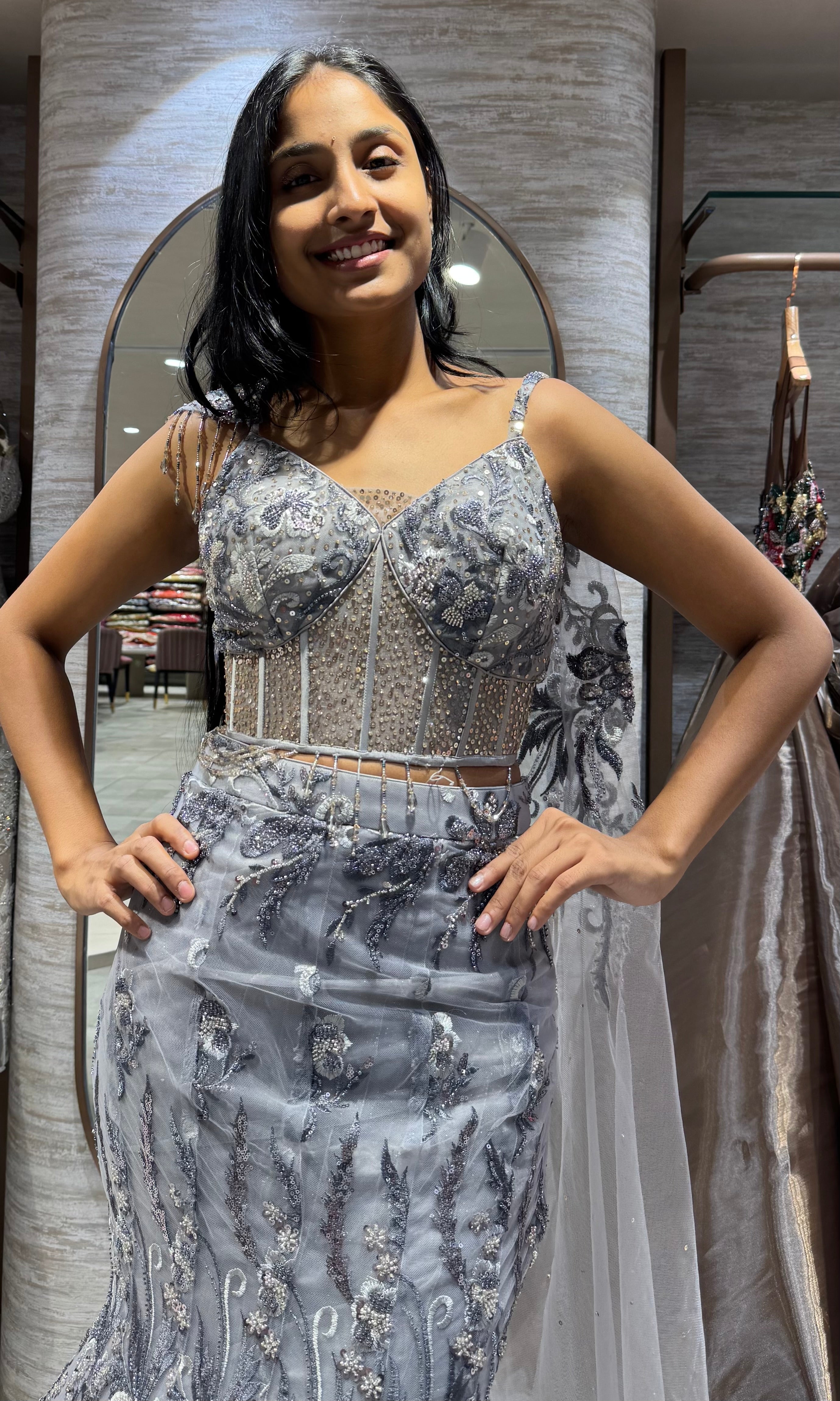 Grey Shimmer Sequins Embroidery Lehenga