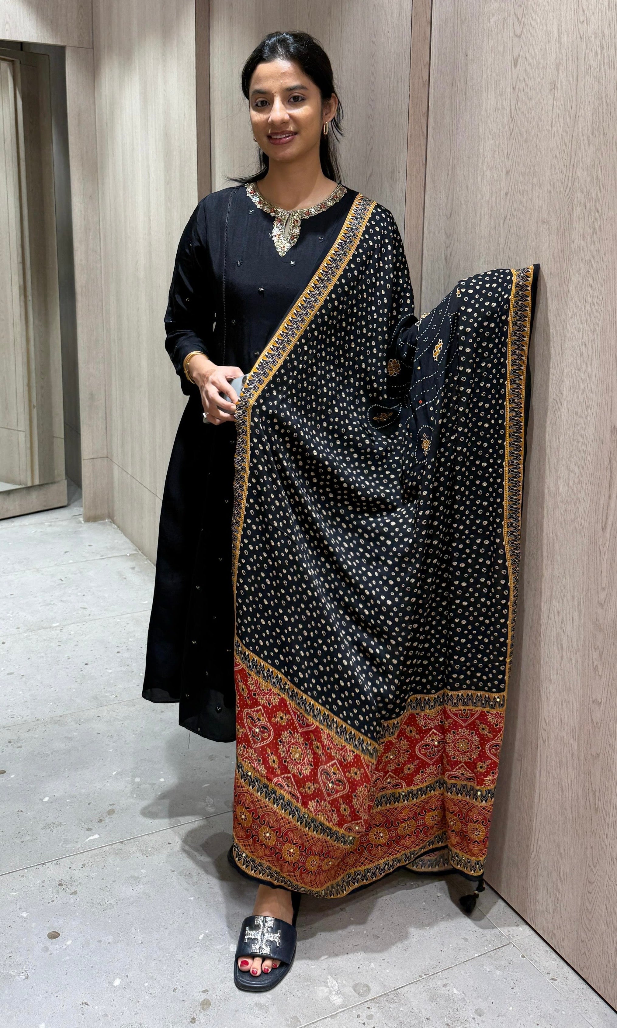 black embroidered neckline kurta set