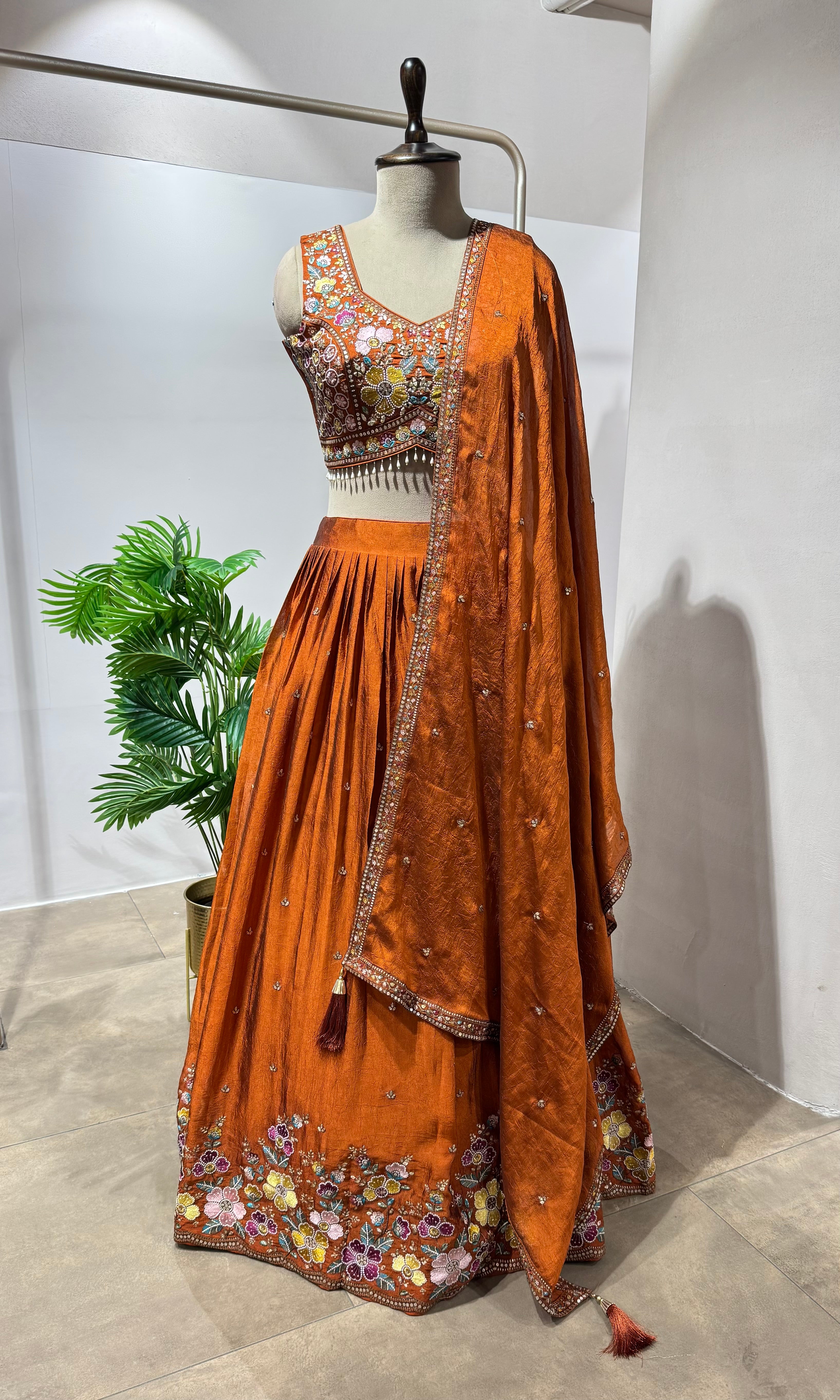 Rust FLORAL EMBROIDERED LEHENGA SET
